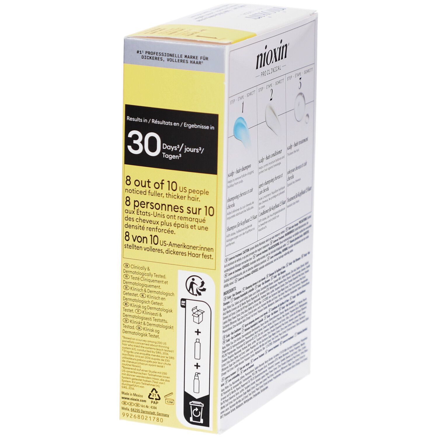 Kit Nioxin Pro Clinical System 1. Emballage avec informations sur les résultats en 30 jours.
