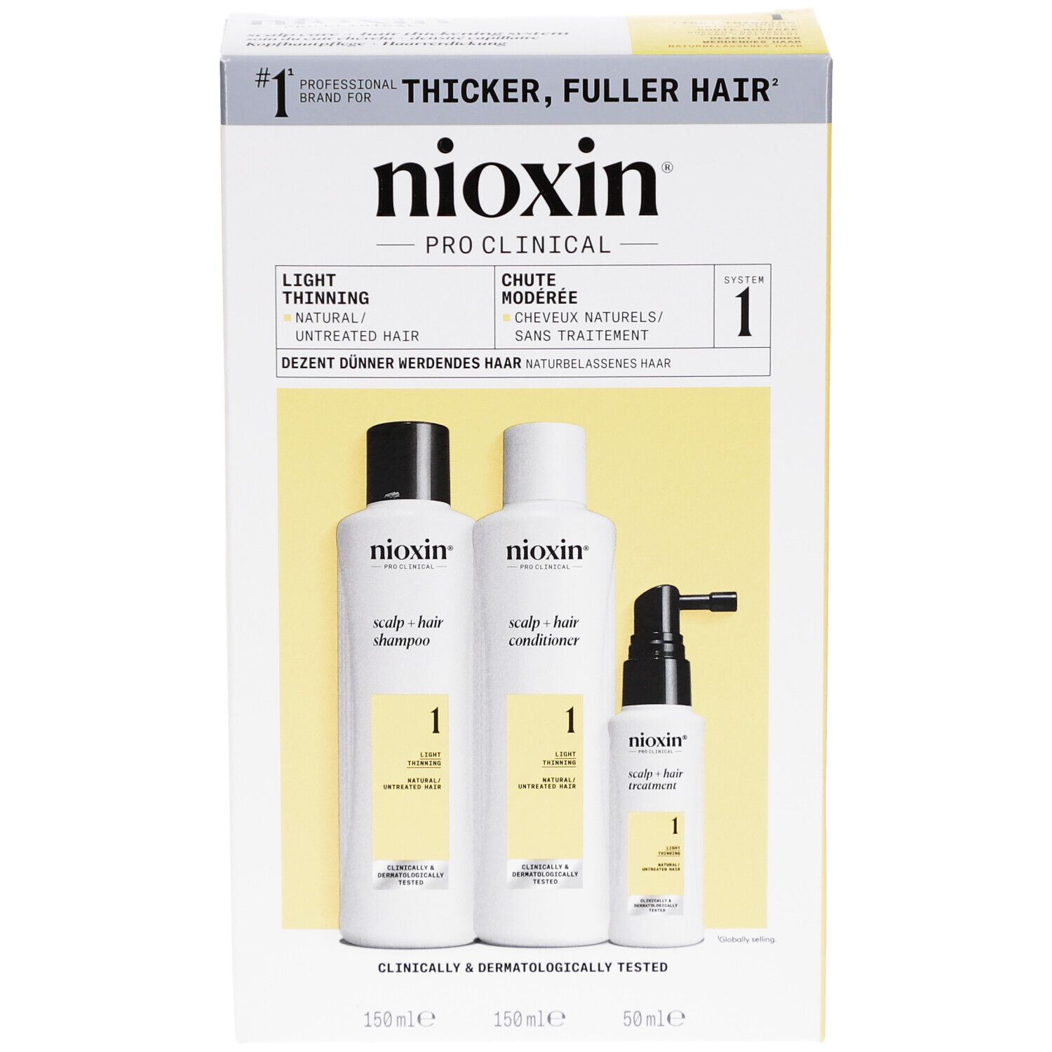 Kit Nioxin Pro Clinical System 1. Contient shampooing, après-shampoing et traitement. Emballage avec accents jaunes.