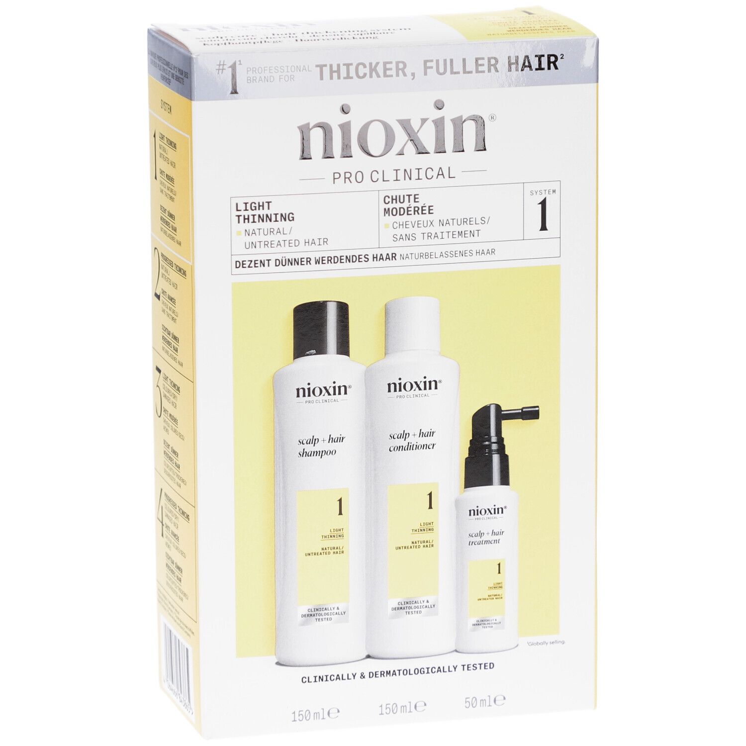 Kit Nioxin Pro Clinical System 1. Contient shampooing, après-shampoing et traitement. Emballage avec accents jaunes.