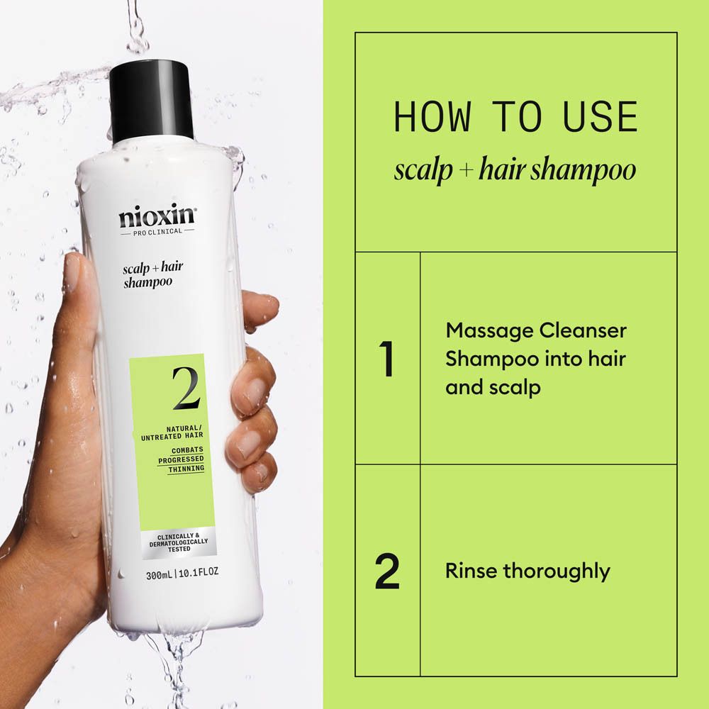 Shampoing Nioxin Scalp Hair, bouteille 2. Application : Masser dans les cheveux et le cuir chevelu, rincer abondamment.