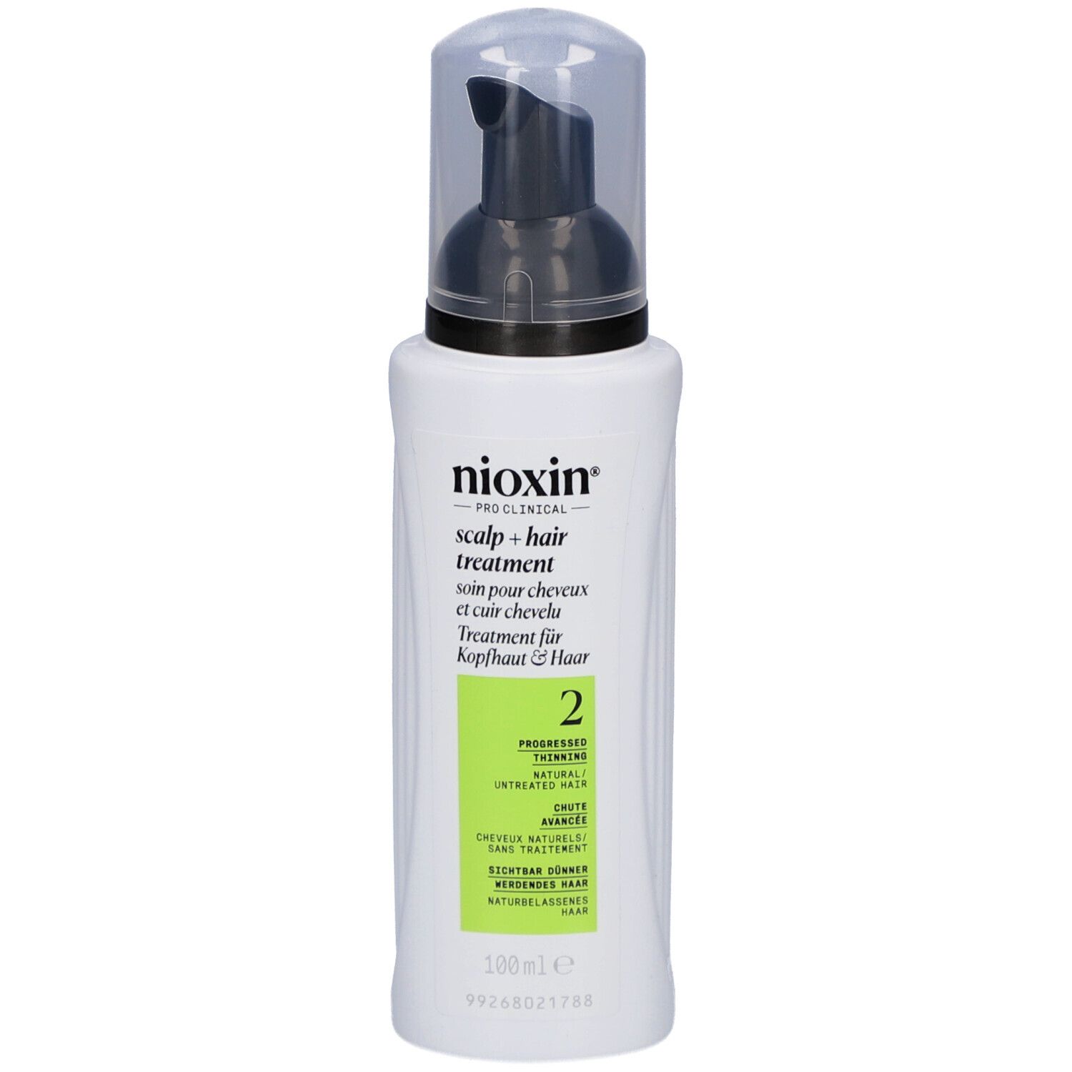 Flacon blanc avec pompe noire. Inscription : Nioxin, Scalp + Hair Treatment, 2. Zone verte.