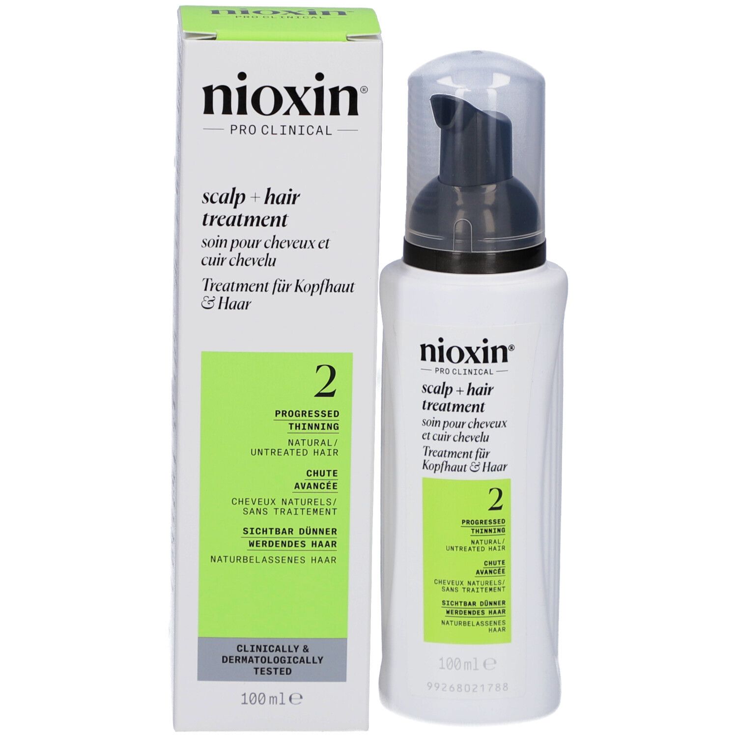 Flacon et emballage du produit. Inscription : Nioxin, Scalp + Hair Treatment, 2. Zone verte. 100ml.