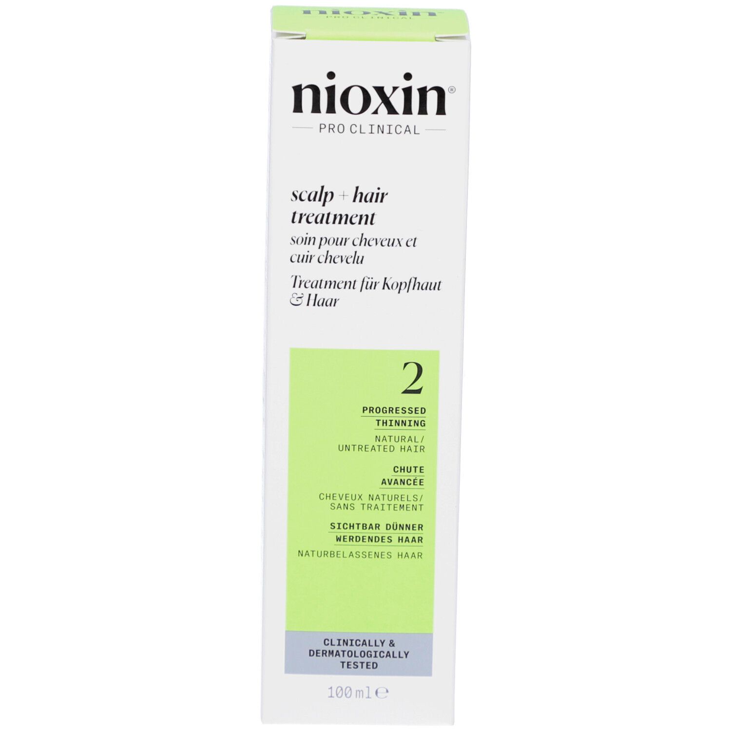 Emballage du produit. Inscription : Nioxin, Scalp + Hair Treatment, 2. Zone verte. 100ml.