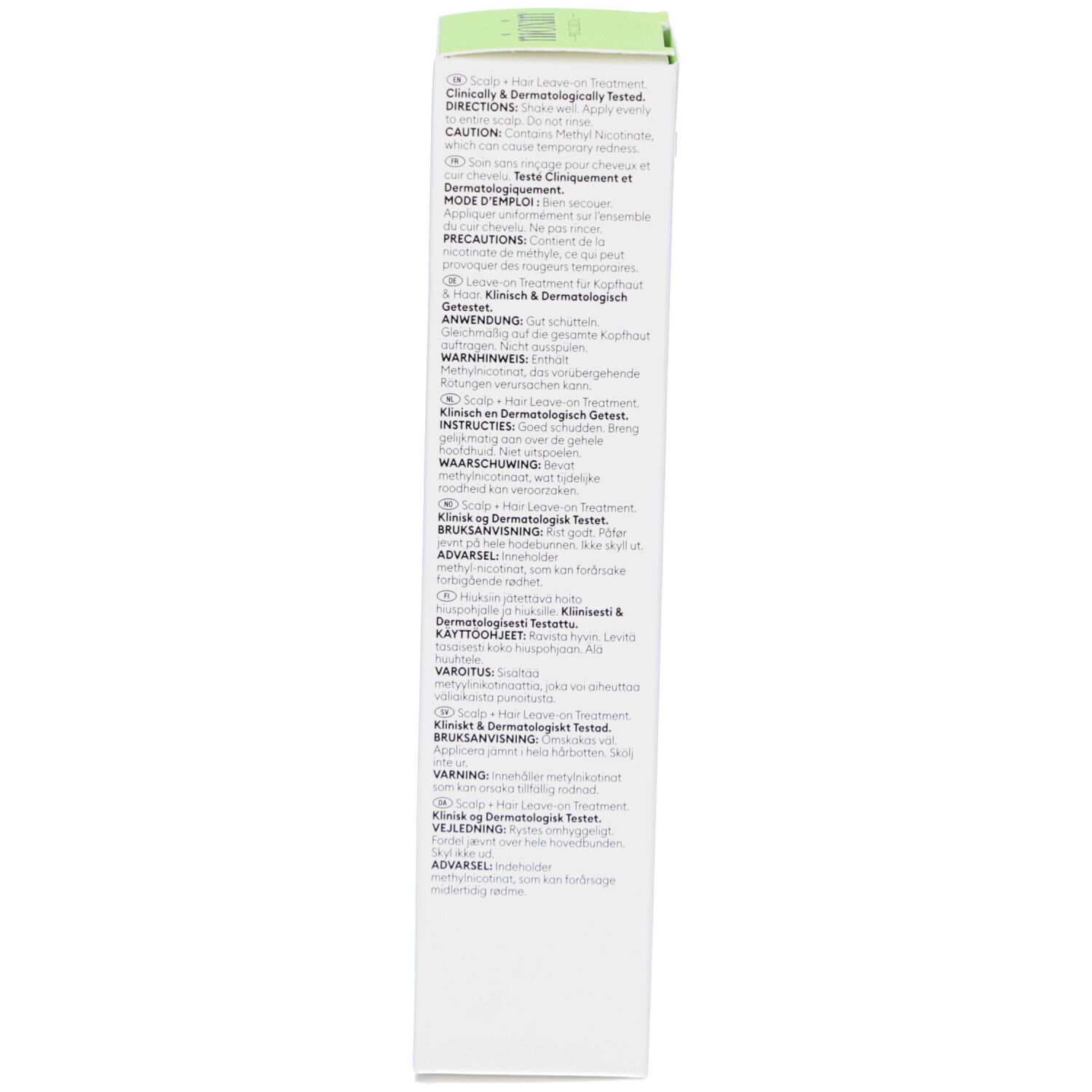 Côté de l'emballage du produit. Texte multilingue. Contient des informations sur l'utilisation et les précautions.