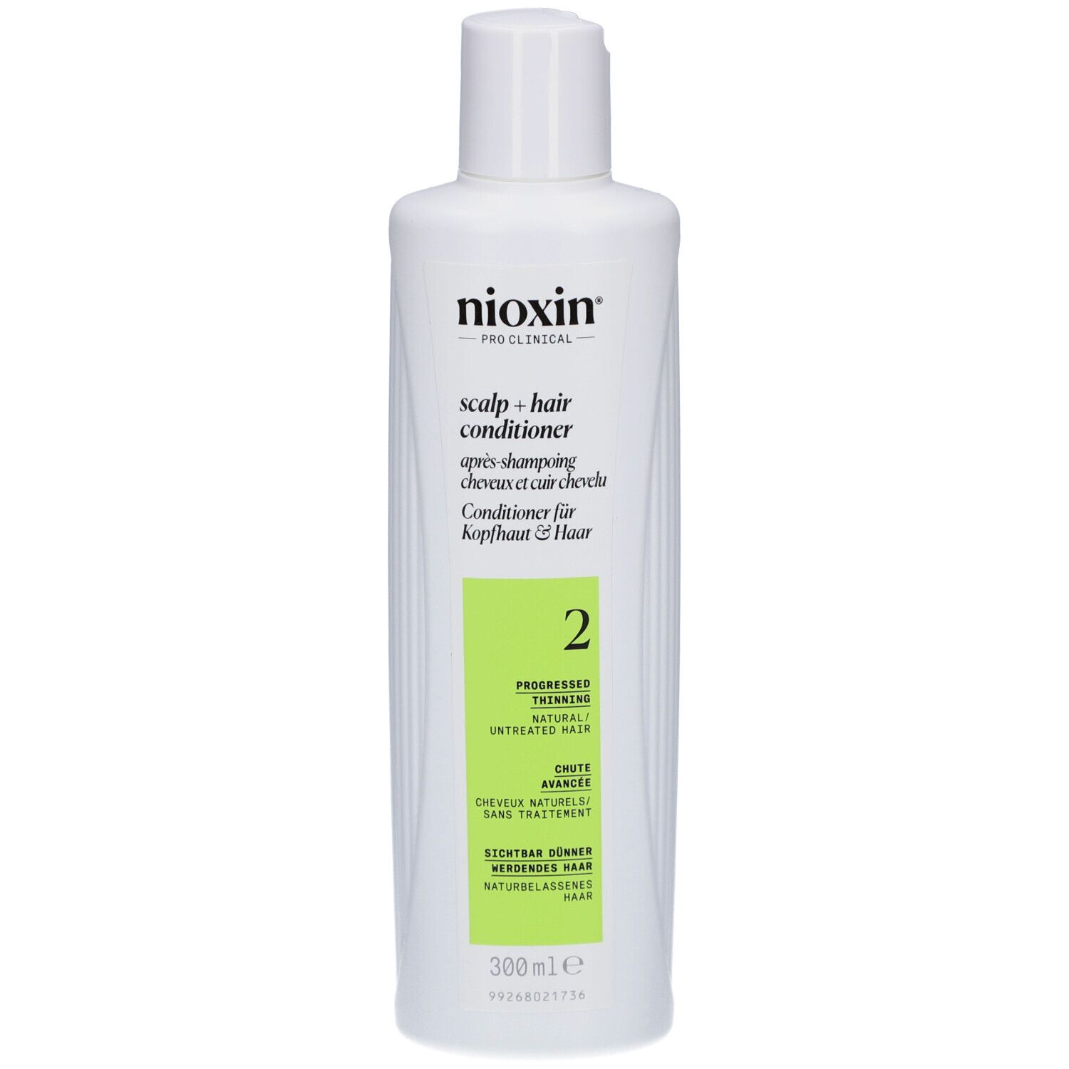 Flacon blanc avec étiquette verte. Inscription : Nioxin, Scalp + Hair Conditioner, 2. 300ml. Pour cheveux clairsemés.