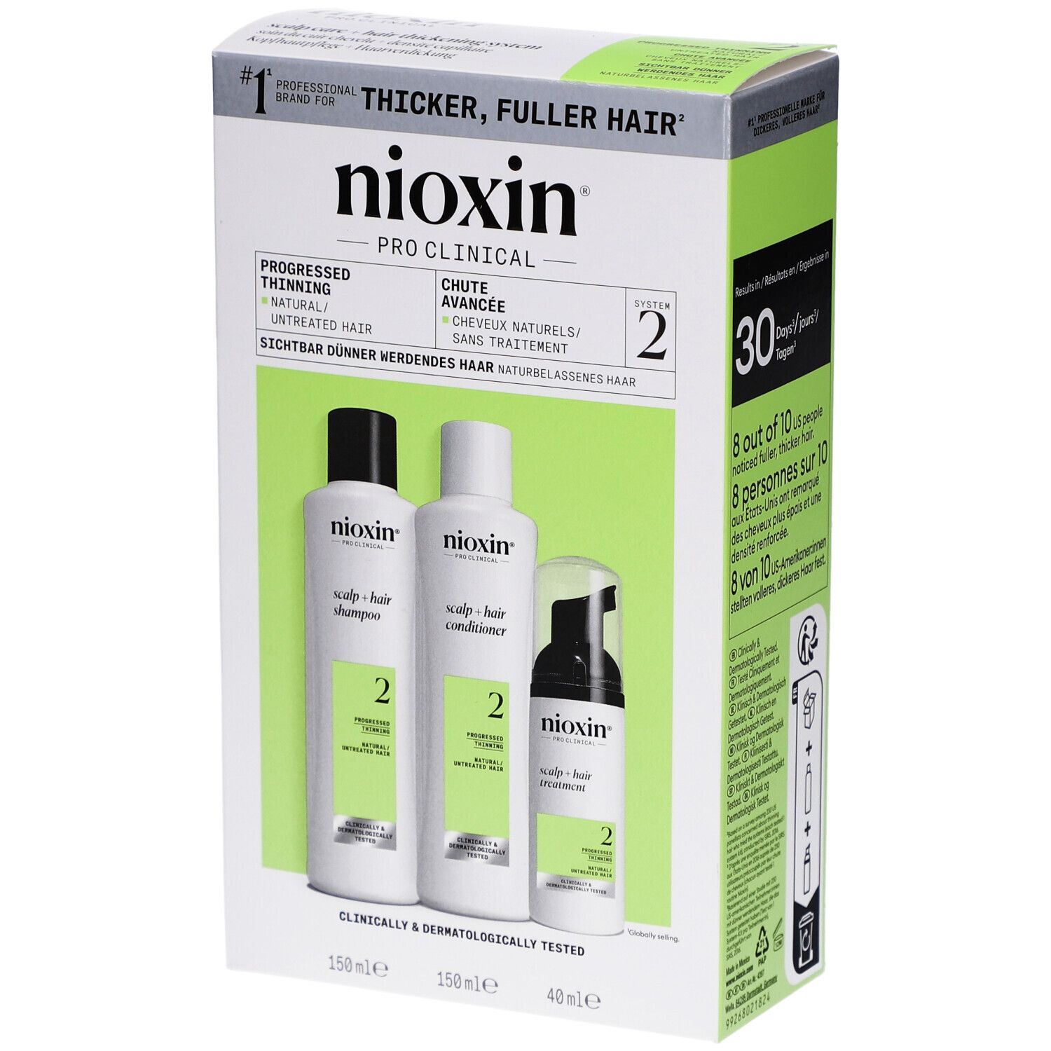 Kit Nioxin System 2. Shampoo, après-shampooing et traitement. Emballage vert et blanc. Testé cliniquement et dermatologiquement.