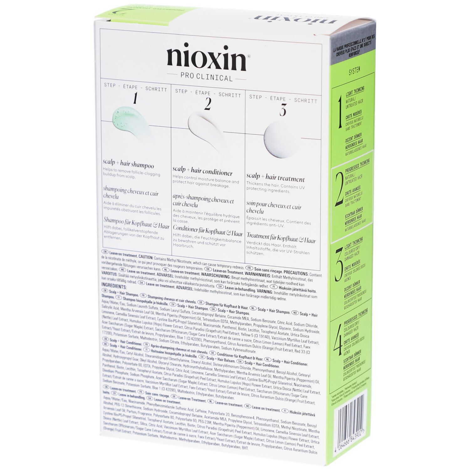 Dos de l'emballage du kit Nioxin System 2. Étapes d'application. Ingrédients. Vert et blanc.