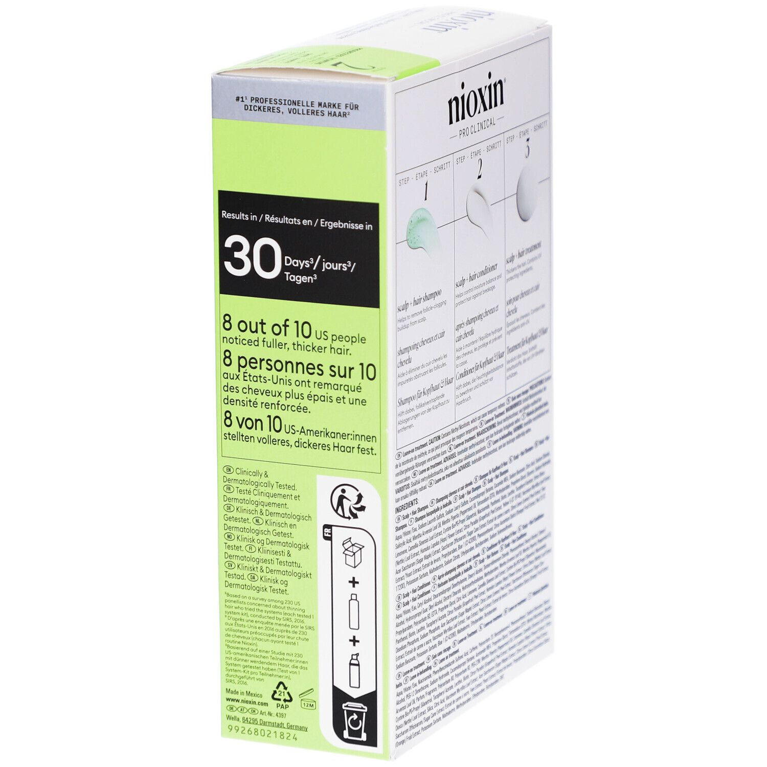 Emballage du kit Nioxin System 2. Côté avec informations produit. Contient shampooing, après-shampooing et traitement. Vert.