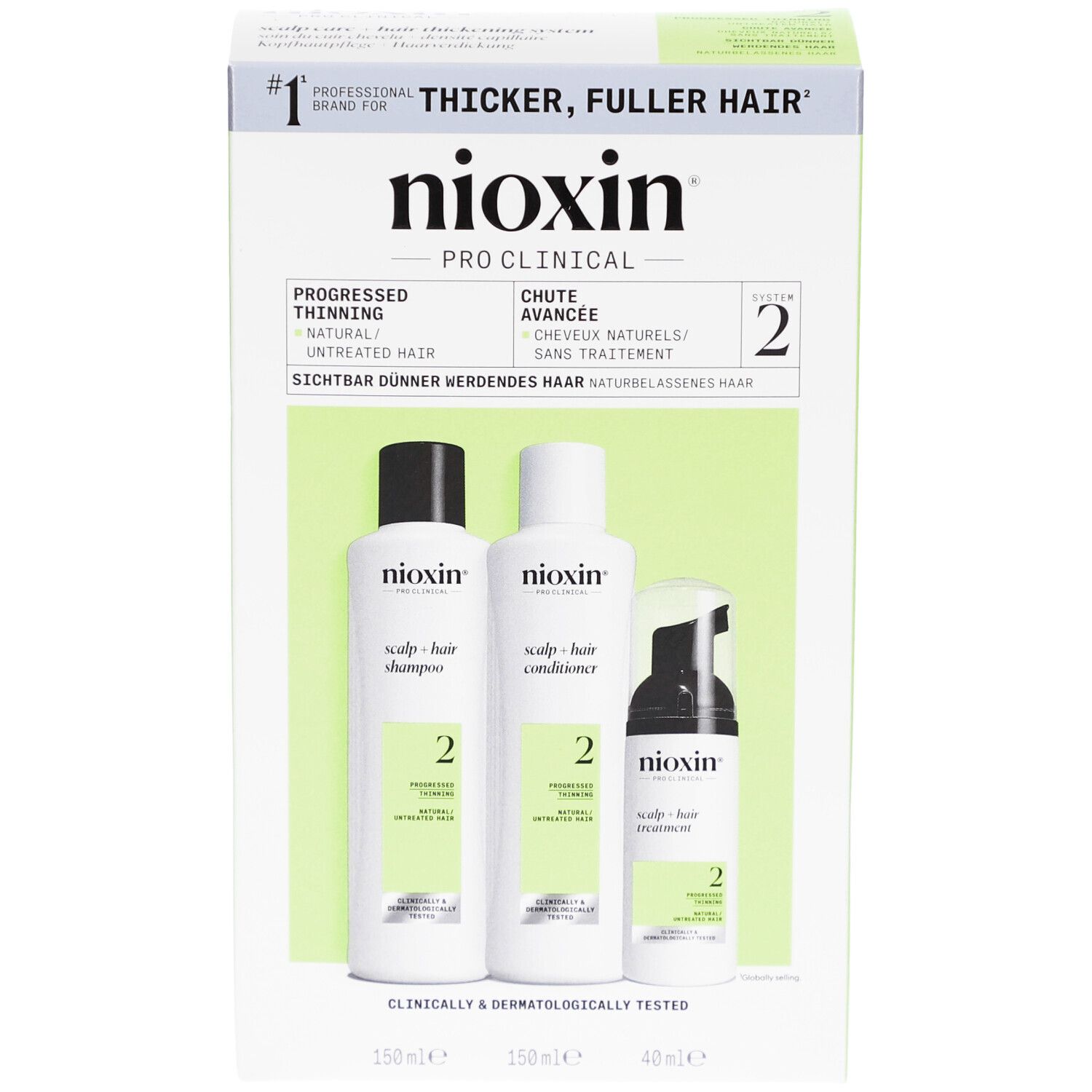 Kit Nioxin System 2. Shampooing, après-shampooing et traitement. Emballage vert et blanc. Testé cliniquement et dermatologiquement.