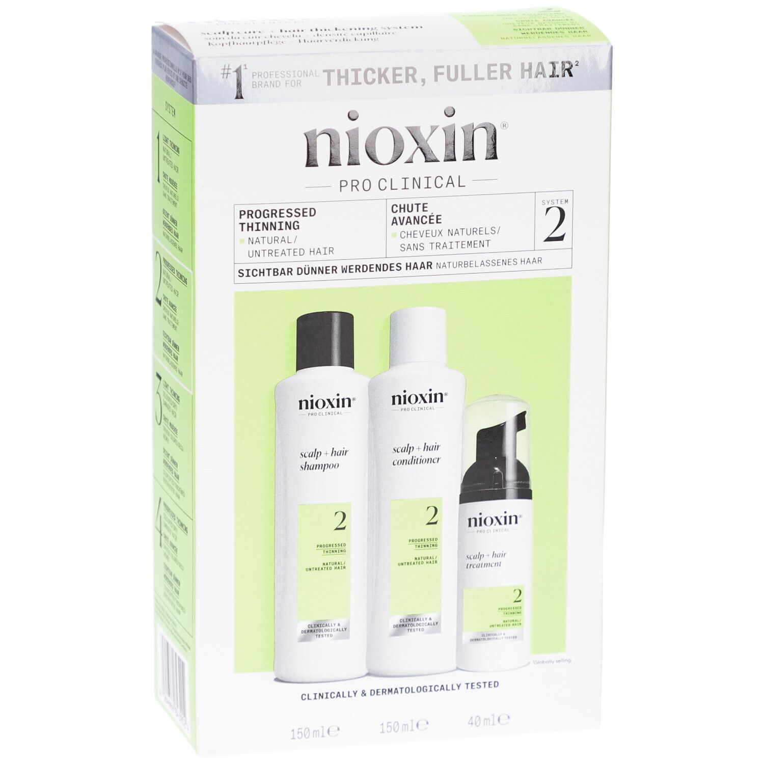 Kit Nioxin System 2. Shampooing, après-shampooing et traitement. Emballage vert et blanc. Testé cliniquement et dermatologiquement.