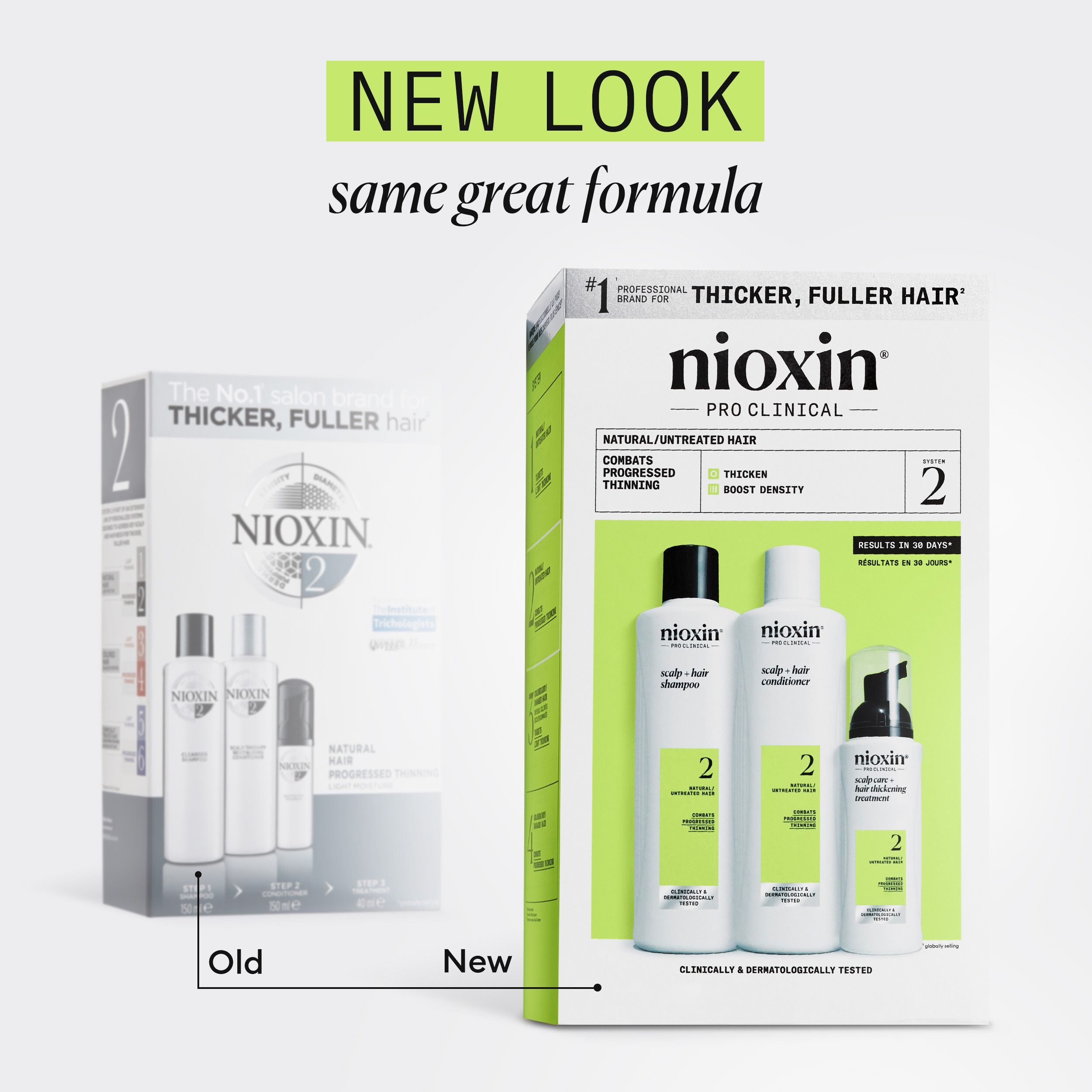 Comparaison : kit Nioxin System 2, ancien et nouveau. Nouveau design avec accents verts. Contient shampooing, après-shampooing et traitement.
