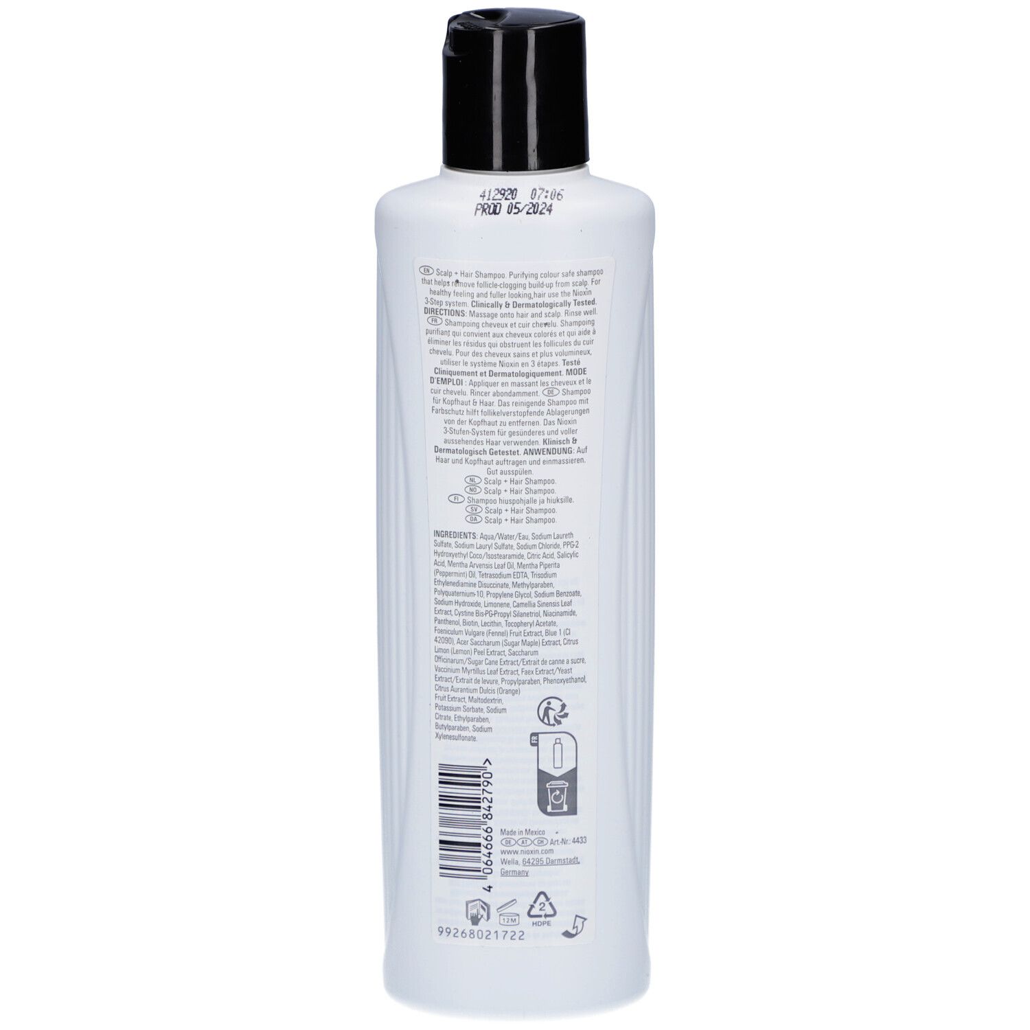 Dos du flacon blanc, bouchon noir. Texte multilingue. Code-barres et symboles de recyclage.