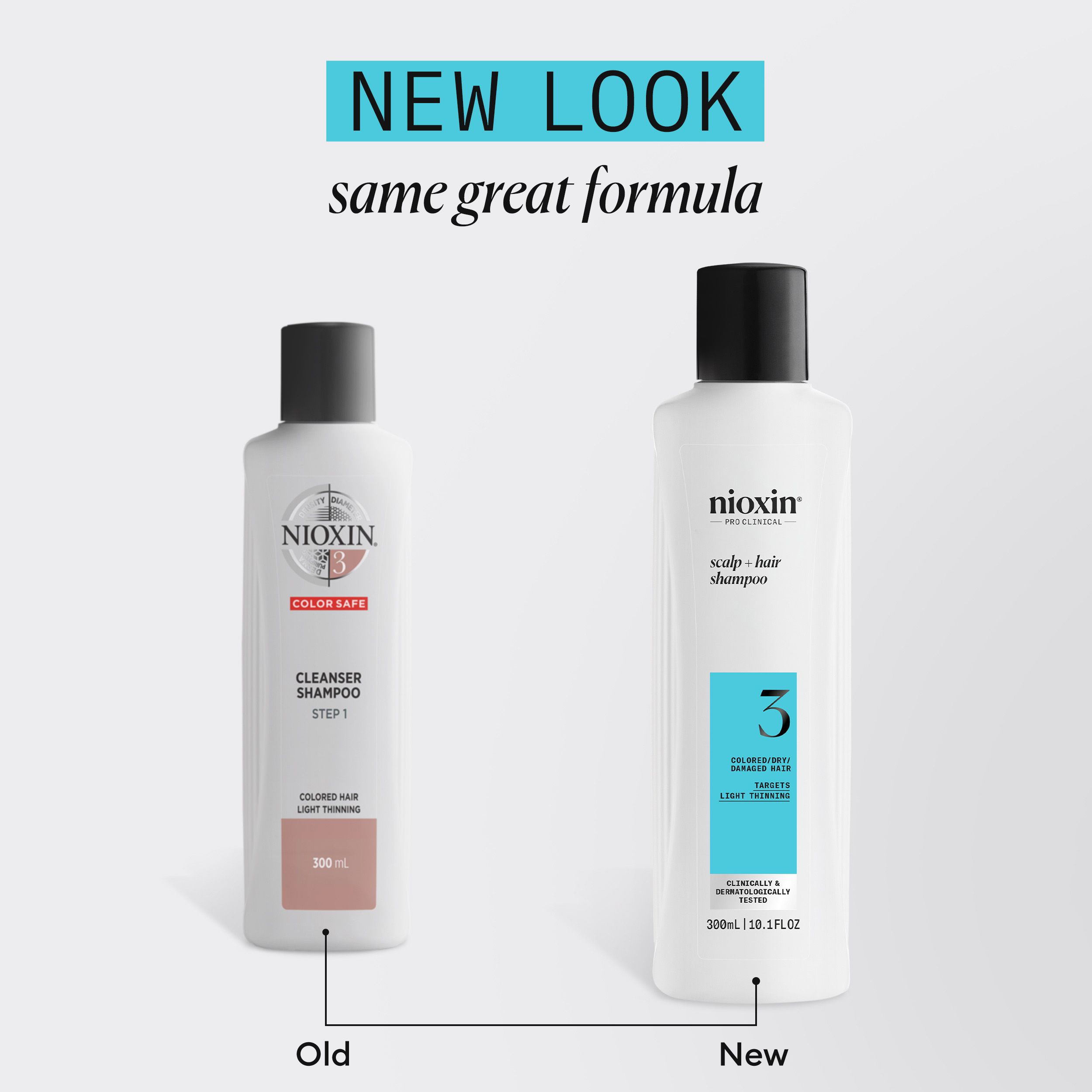 Comparaison: ancien et nouveau flacon. Nouveau flacon: Nioxin, Scalp + Hair Shampoo, 3. Ancien flacon: Nioxin, Cleanser Shampoo.