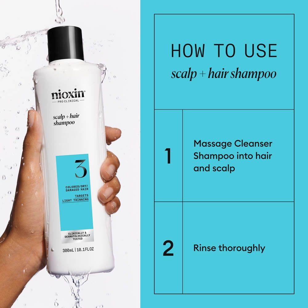 Bouteille de shampooing Nioxin Système 3, 300ml, pour cheveux colorés et clairsemés.