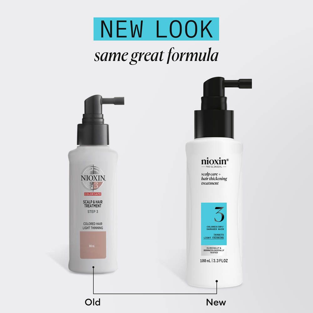 Deux traitements épaississants Nioxin : anciens et nouveaux emballages, tous deux 100ml, avec applicateur.