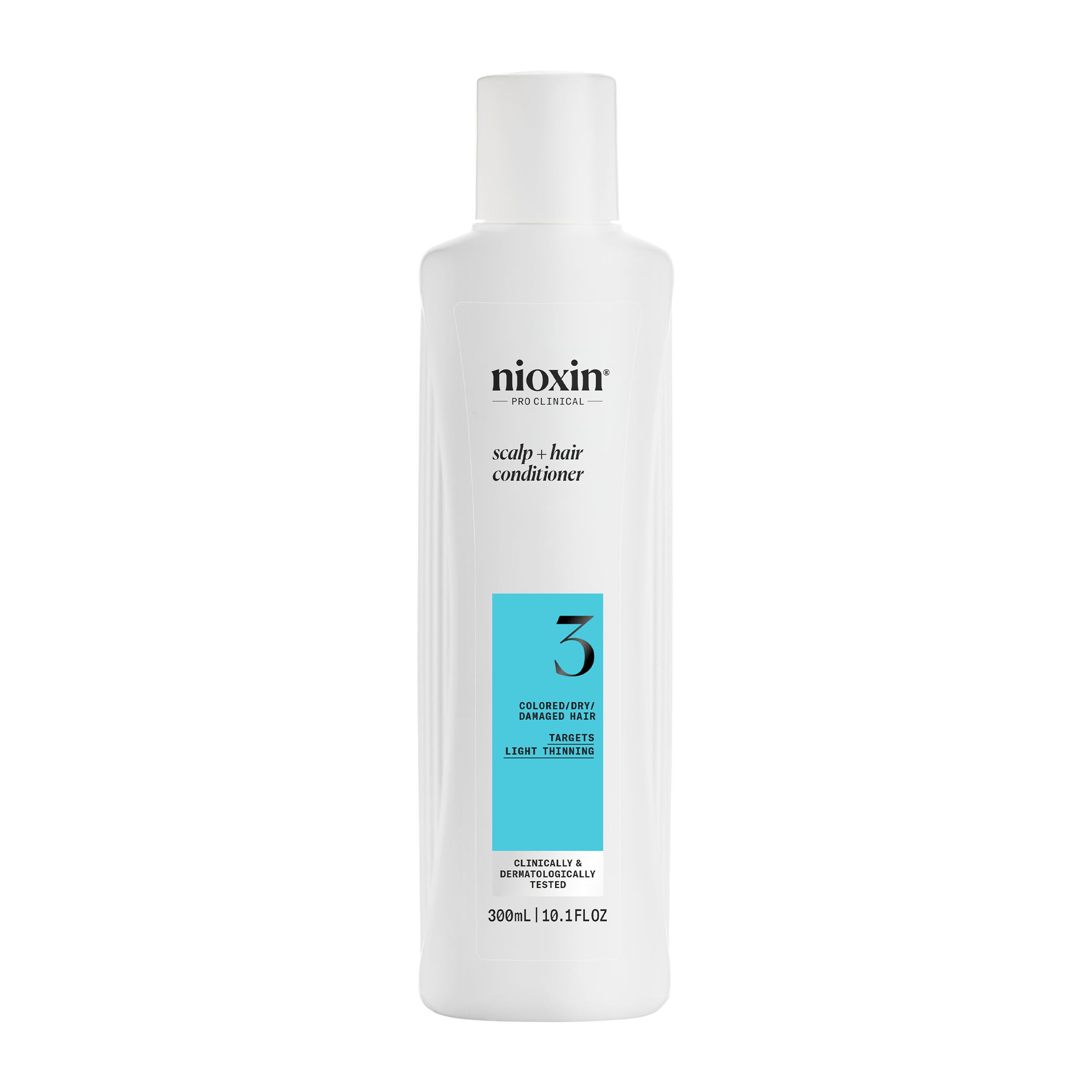 Flacon blanc Nioxin System 3 Après-shampooing. Étiquette turquoise avec informations produit. Inscription : Conditioner pour cuir chevelu et cheveux.