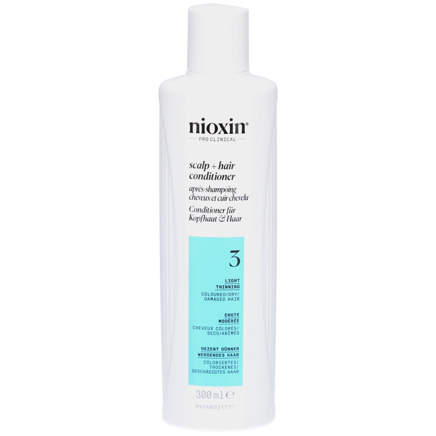 Flacon blanc Nioxin System 3 Après-shampooing. Étiquette turquoise avec informations produit. Inscription : Conditioner pour cuir chevelu et cheveux.