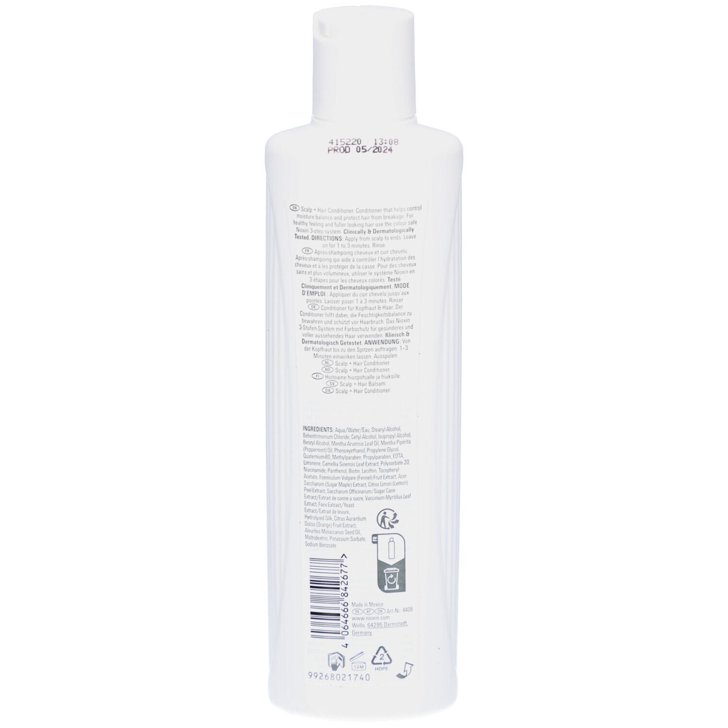 Dos d'un flacon blanc Nioxin System 3 Après-shampooing. Texte avec ingrédients et instructions. Symbole de recyclage.