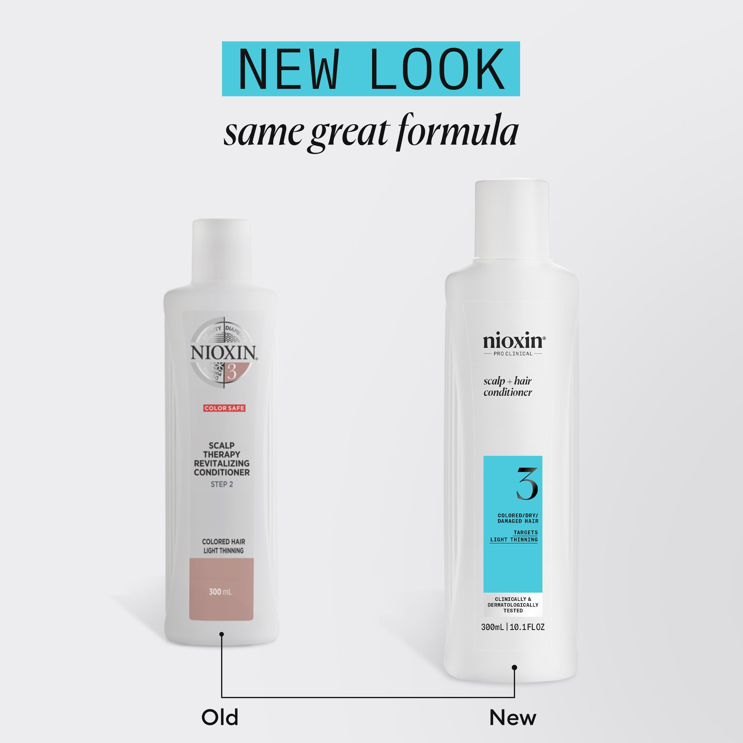 Comparaison de deux flacons Nioxin. À gauche : ancien flacon. À droite : nouveau flacon. Texte : New Look, same great formula.