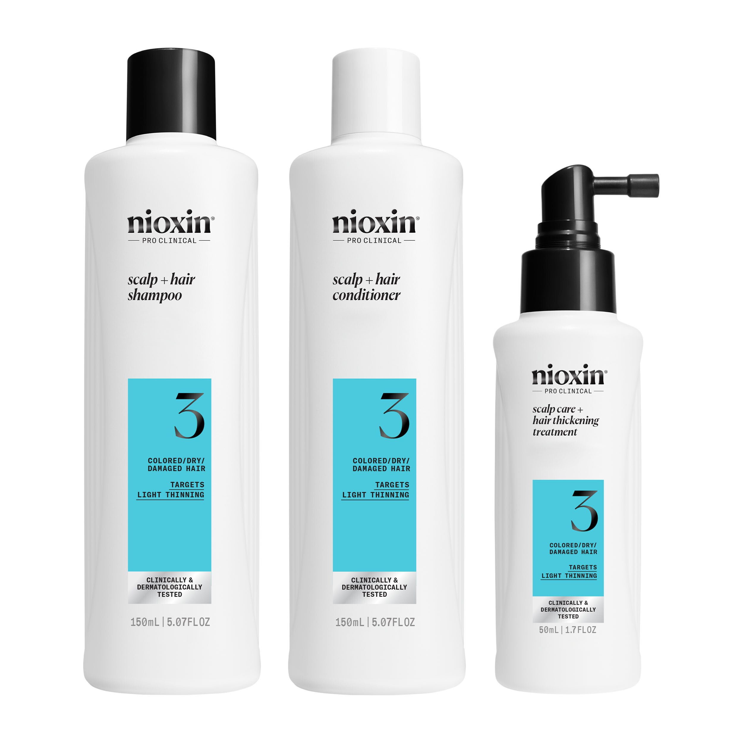 Trois produits Nioxin : shampooing, après-shampooing et traitement. Pour cheveux colorés et clairsemés.