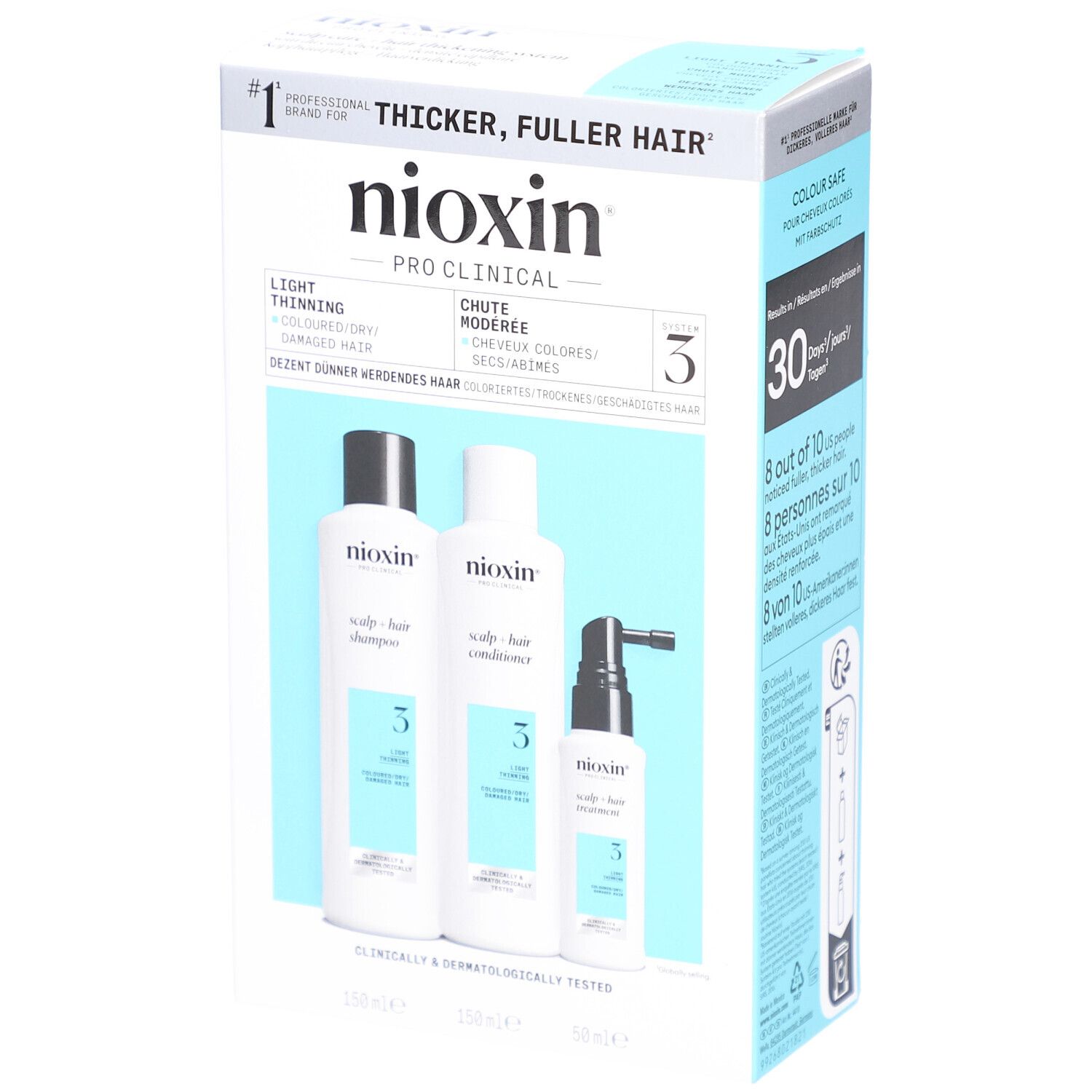 Kit Nioxin System 3. Shampoo, après-shampooing et traitement. Pour cheveux colorés et clairsemés.