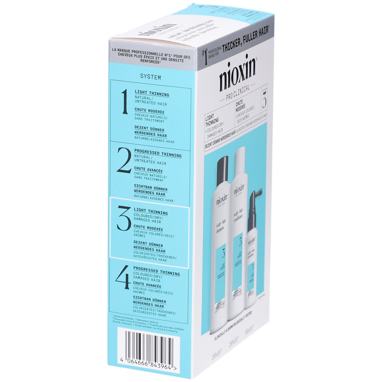 Emballage du kit Nioxin System 3. Détails des systèmes et descriptions pour différents types de cheveux.