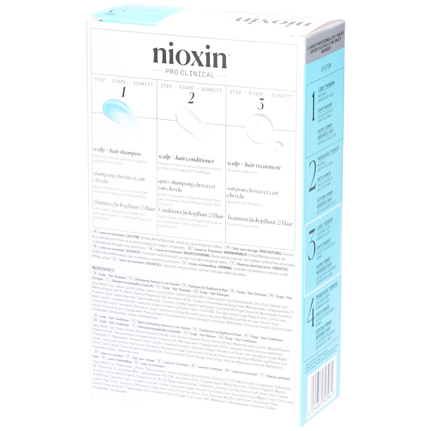 Dos de l'emballage Nioxin System 3. Instructions et ingrédients des produits.