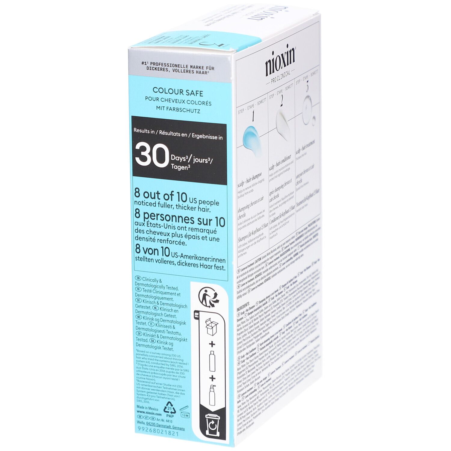 Côté de l'emballage Nioxin System 3. Informations sur l'efficacité et les certifications.