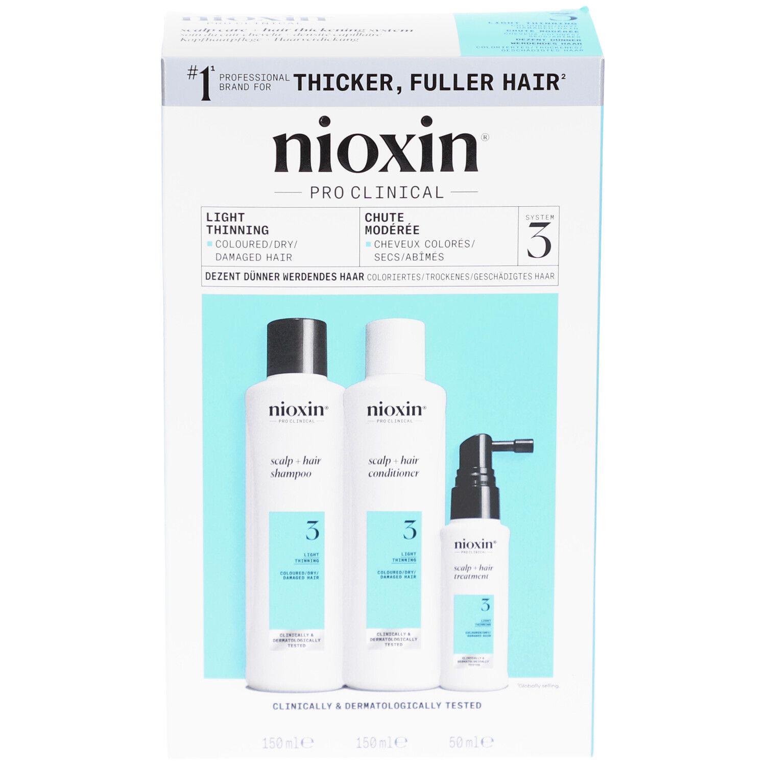 Kit Nioxin System 3. Shampoo, après-shampooing et traitement. Pour cheveux colorés et clairsemés.