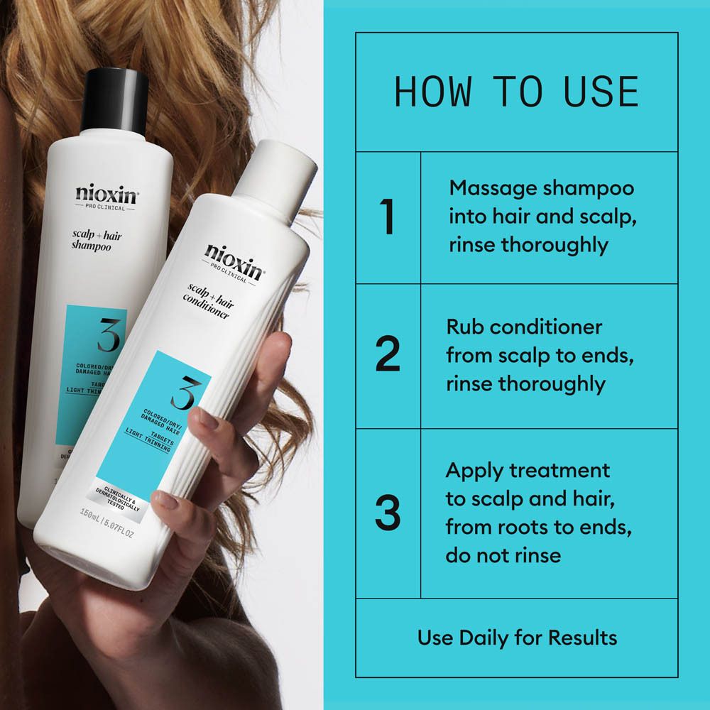 Boîte Nioxin Système 3 avec shampooing, après-shampoing et traitement. Pour cheveux fins, colorés.