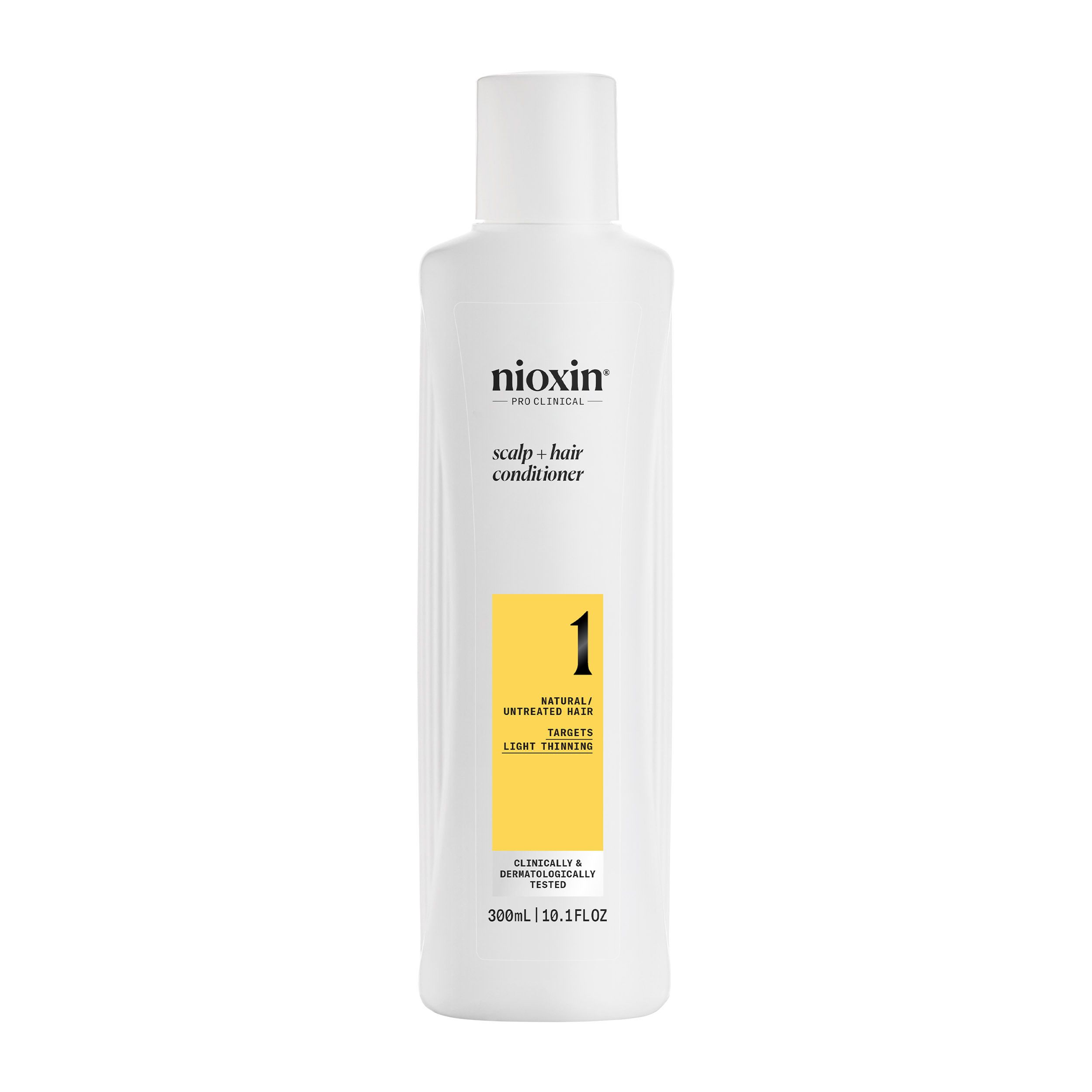 Bouteille de revitalisant Nioxin Pro Clinical. Étiquette jaune avec le numéro 1. Pour cheveux naturels.