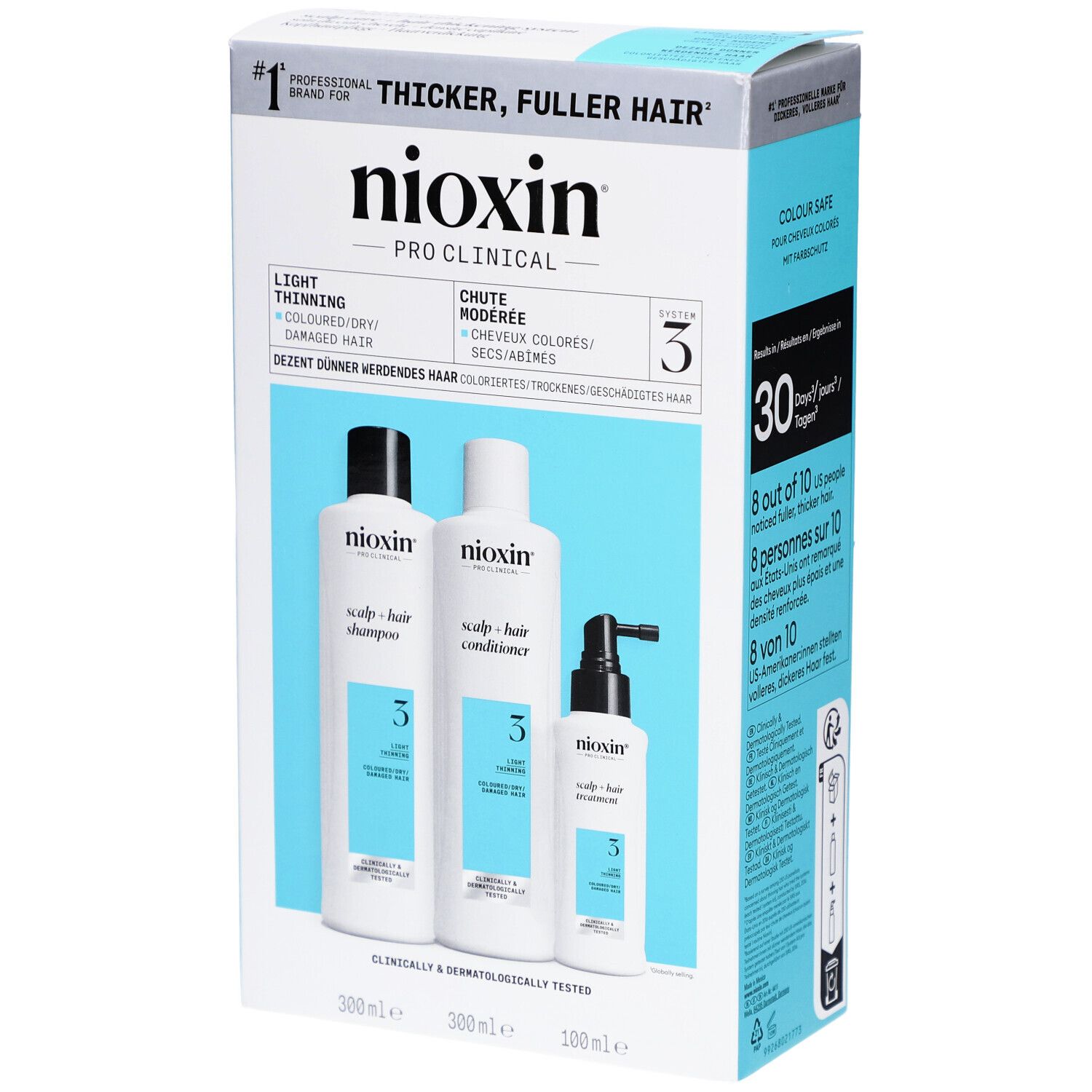Coffret Nioxin System 3. Boîte avec trois produits : shampooing, après-shampooing et traitement pour cheveux colorés.