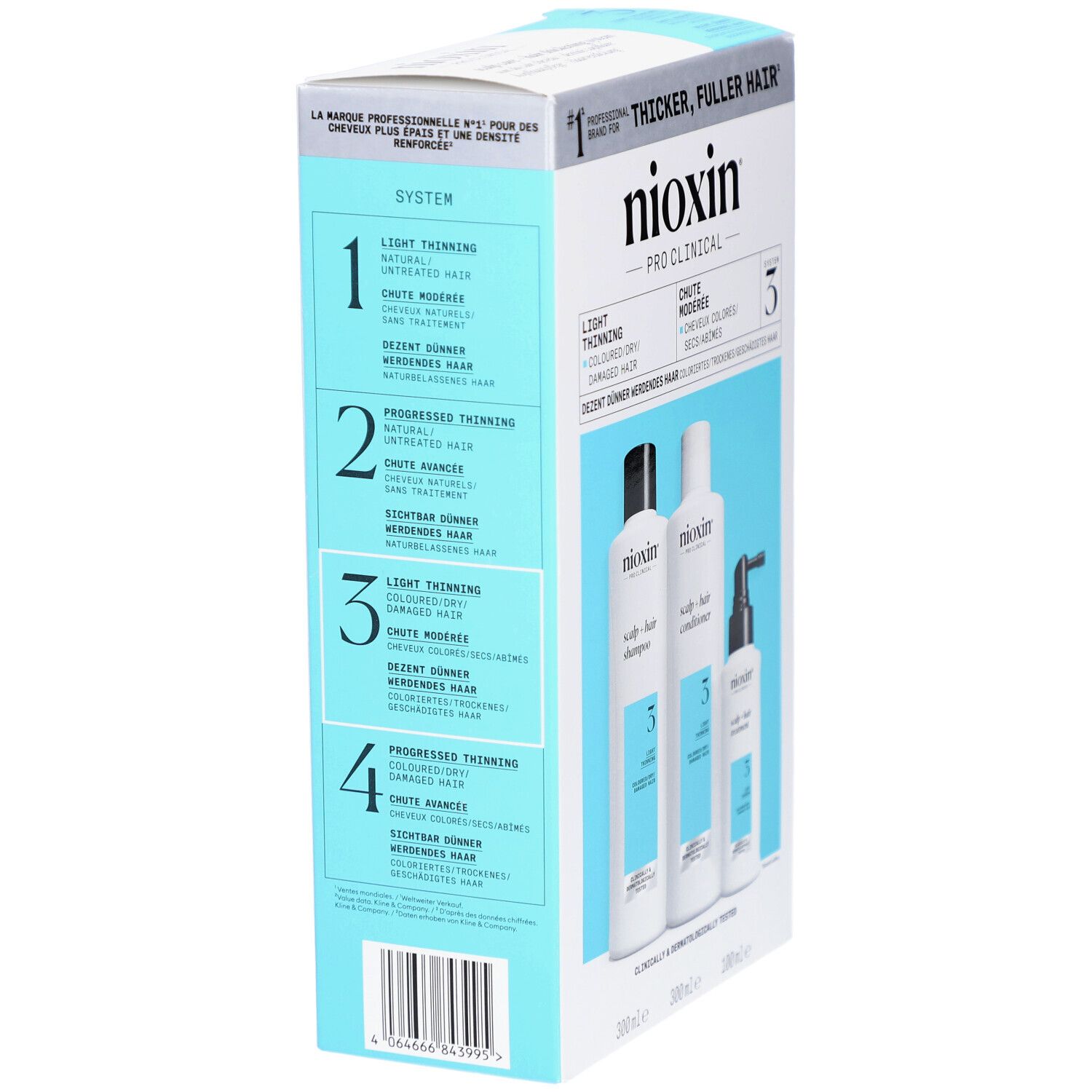 Vue latérale du coffret Nioxin System 3. Informations sur les systèmes 1 à 5. Emballage blanc et bleu.