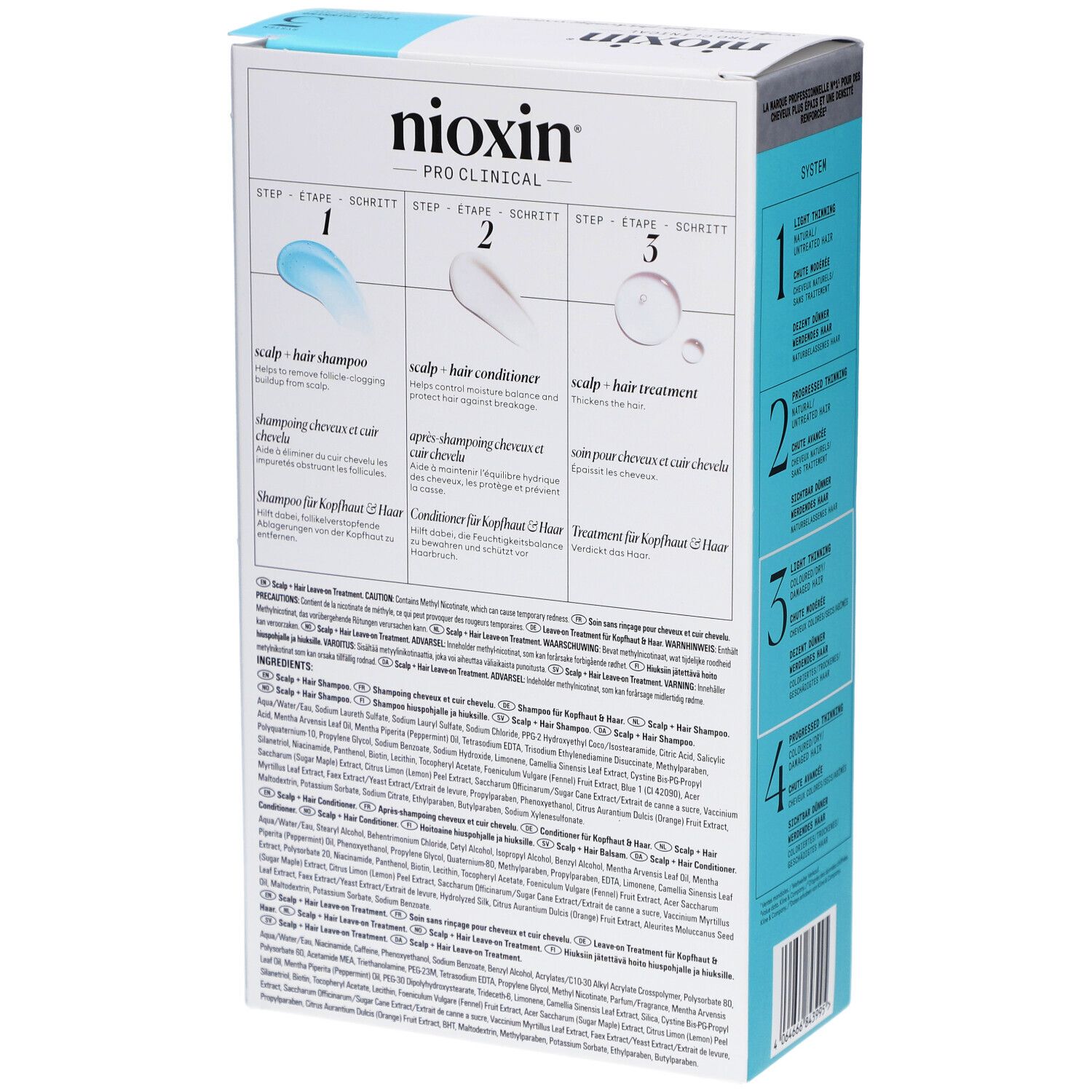 Dos du coffret Nioxin System 3. Instructions et ingrédients. Emballage blanc et bleu.