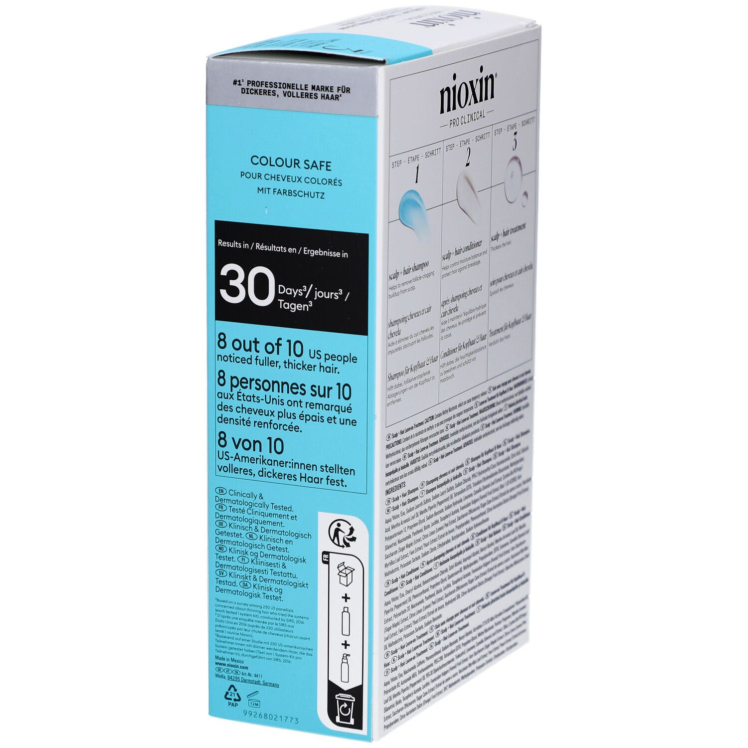 Détail du coffret Nioxin System 3. Informations sur les résultats et les ingrédients. Emballage blanc et bleu.