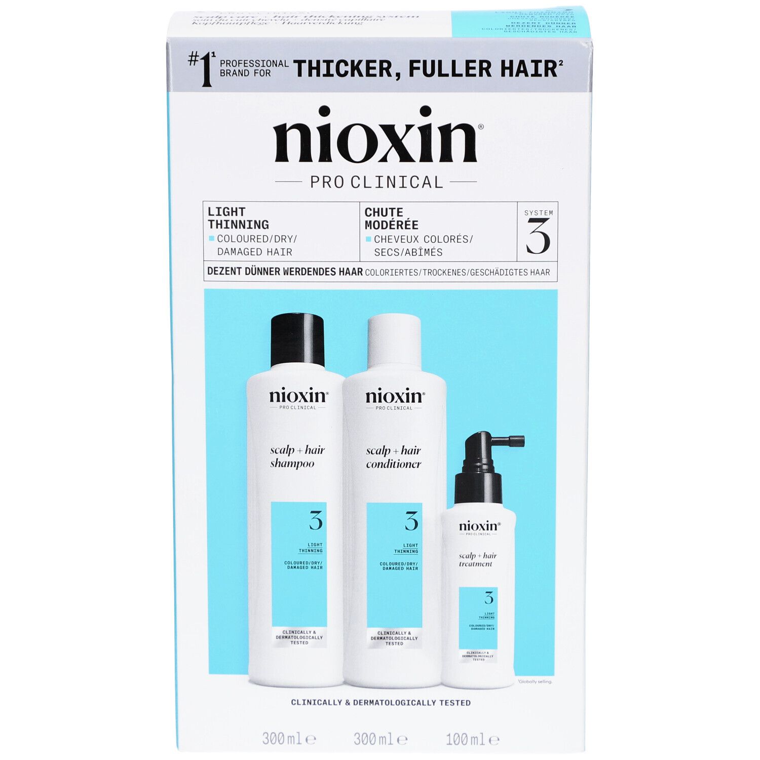 Coffret Nioxin System 3 avec trois produits : shampooing, après-shampooing et traitement pour cheveux colorés.