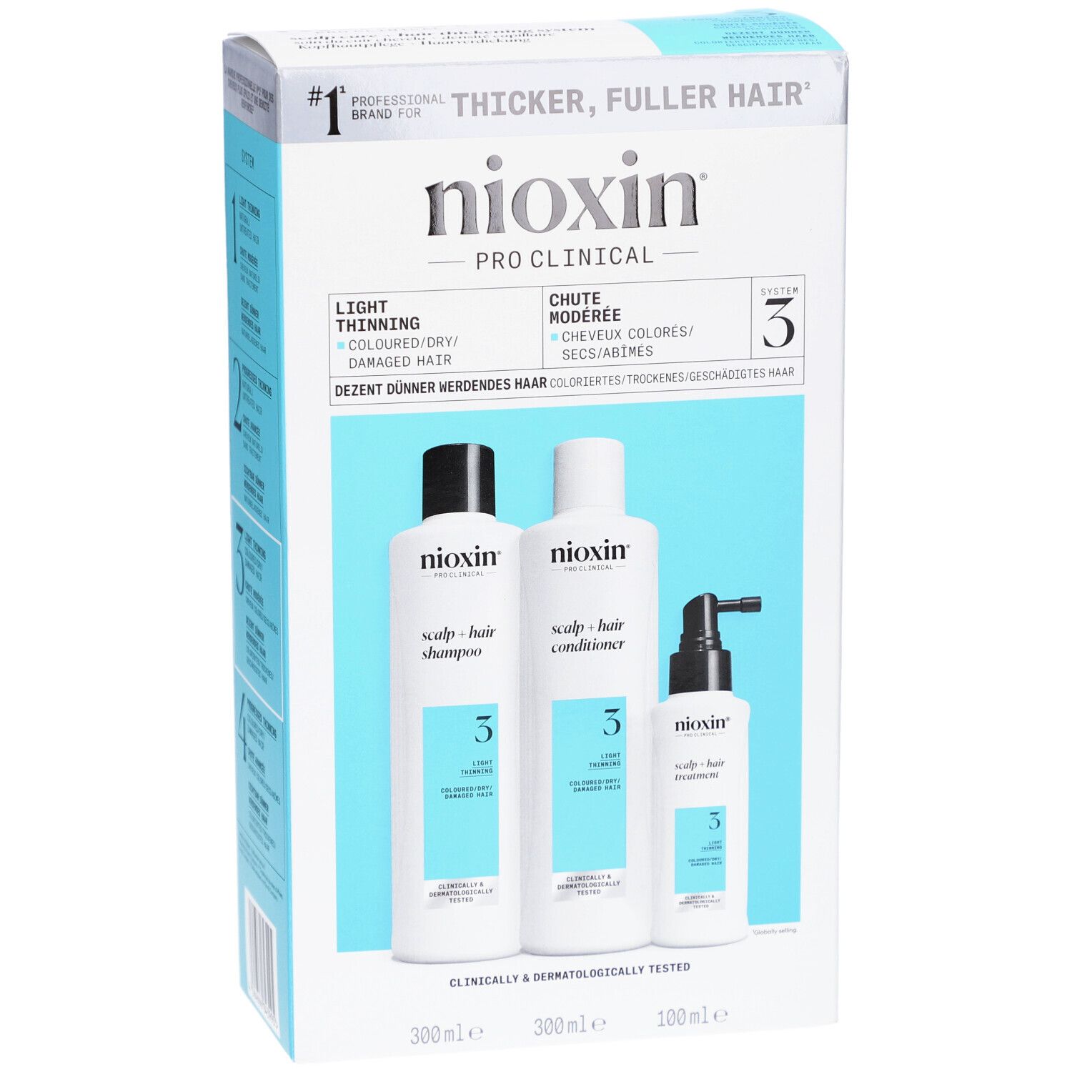 Coffret Nioxin System 3 avec trois produits : shampooing, après-shampooing et traitement pour cheveux colorés.