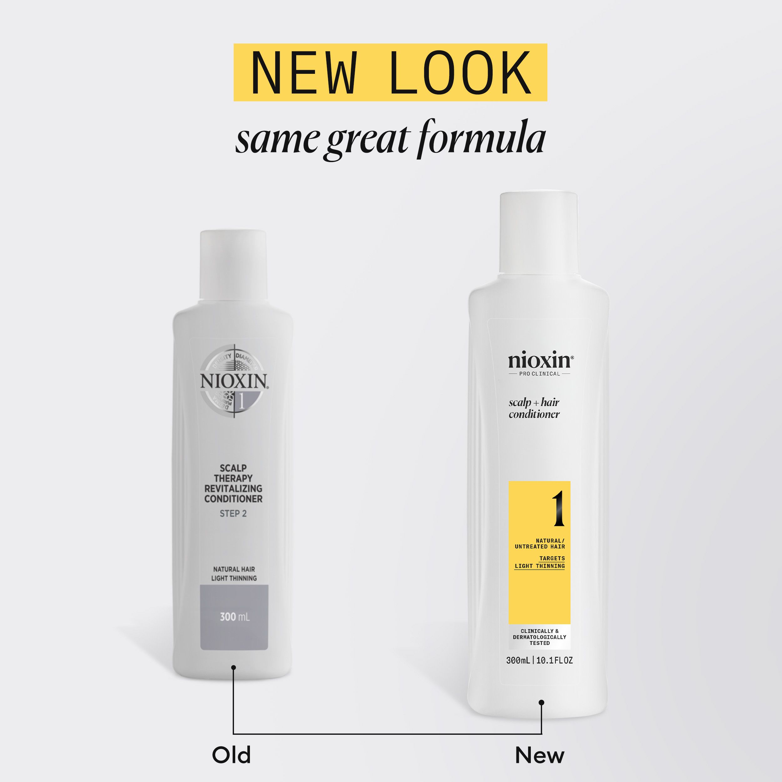 Comparaison : revitalisant Nioxin, ancien et nouveau. Les deux bouteilles avec des étiquettes jaunes. Nouvelle formule.