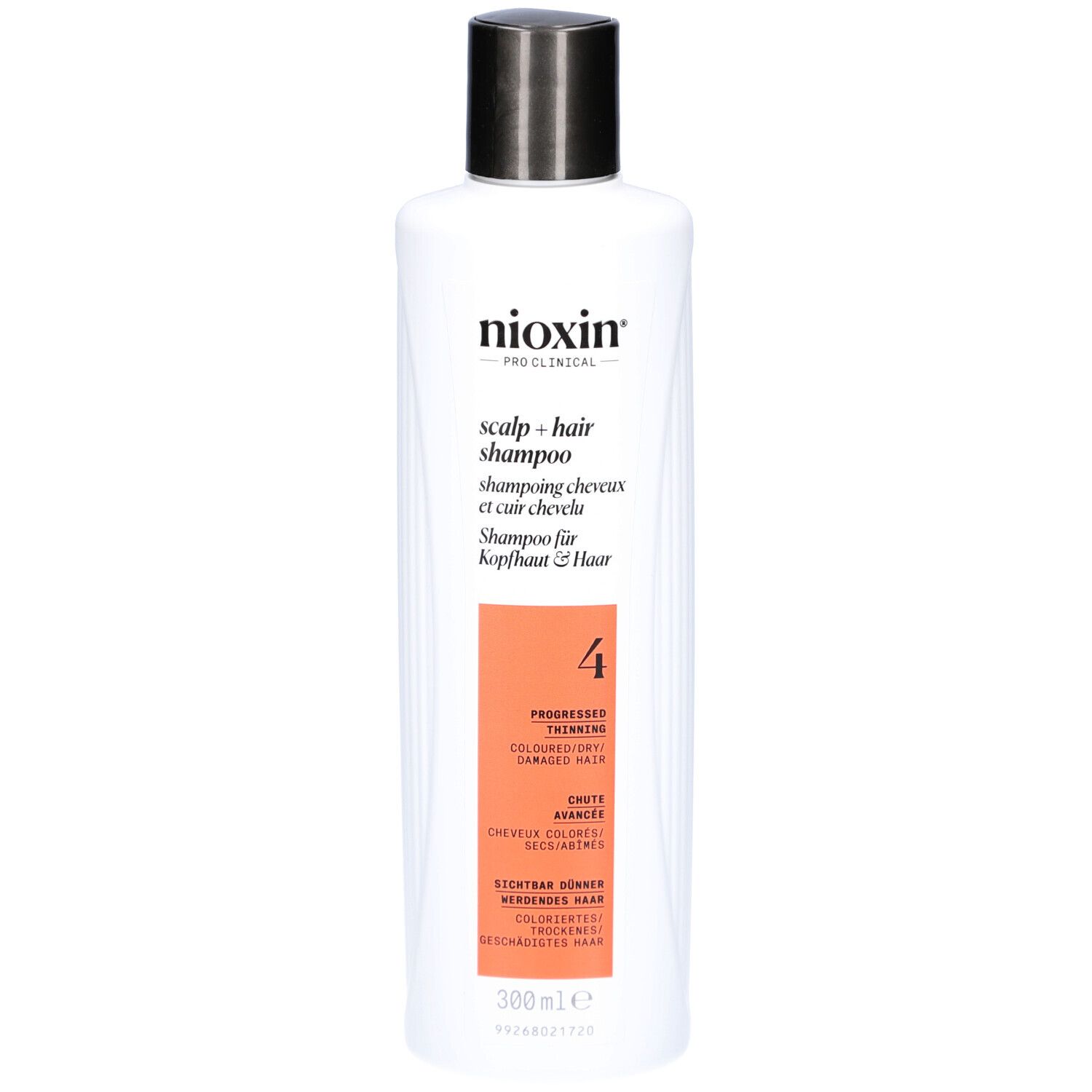 Shampoo blanc avec bouchon noir. Inscription : Nioxin, Scalp + Hair Shampoo, 4. Pour cheveux colorés et clairsemés.