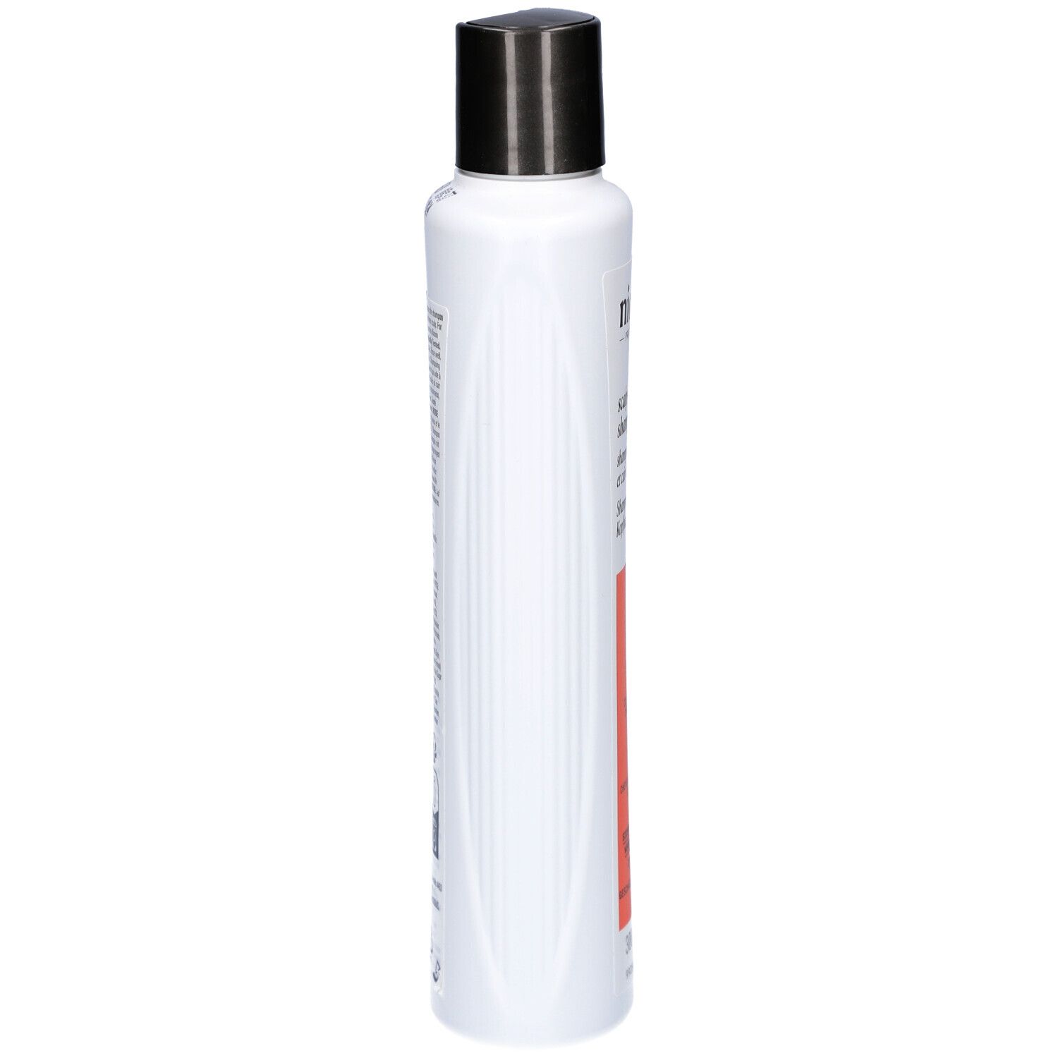 Shampoo blanc avec bouchon noir, vue latérale. Inscription : Nioxin. Bande orange avec texte.