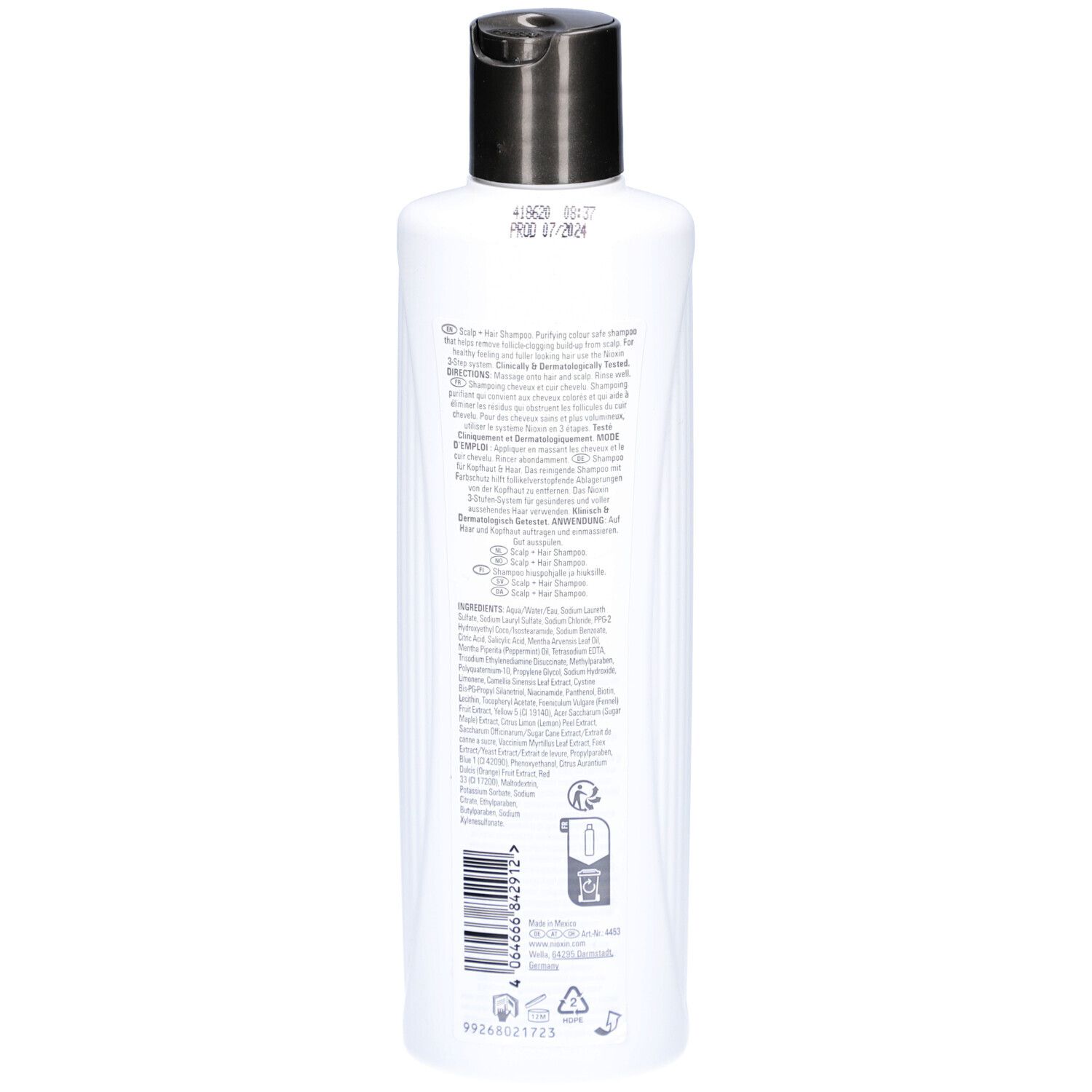 Shampoo blanc avec bouchon noir, vue arrière. Inscription : Nioxin. Texte et symboles.