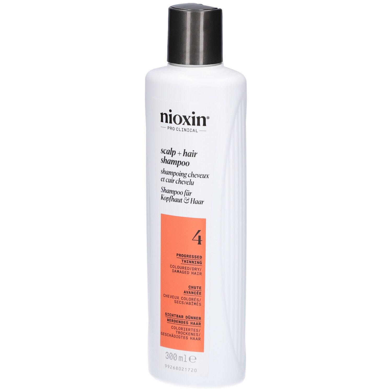 Shampoo blanc avec bouchon noir. Inscription : Nioxin, Scalp + Hair Shampoo, 4. Pour cheveux colorés et clairsemés.
