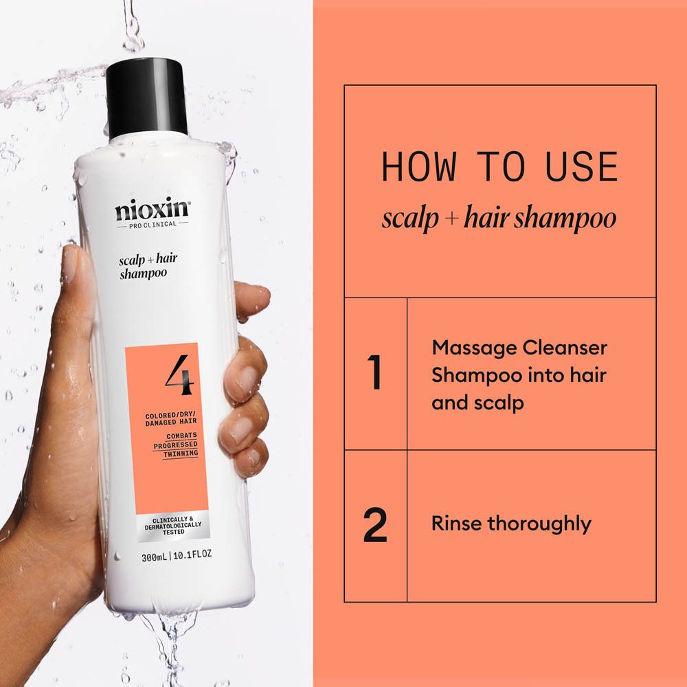 Arrière du flacon Nioxin Système 4 Shampoo avec instructions et ingrédients.