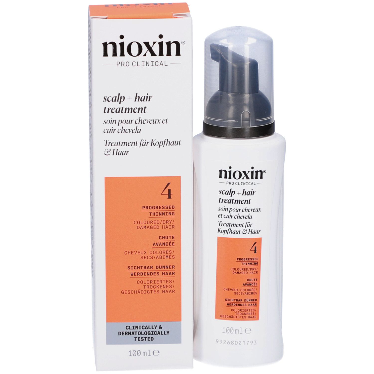 Produit et emballage. Boîte blanche avec flacon. Inscription : Nioxin, Scalp + Hair Treatment, 4. Pour cheveux colorés.