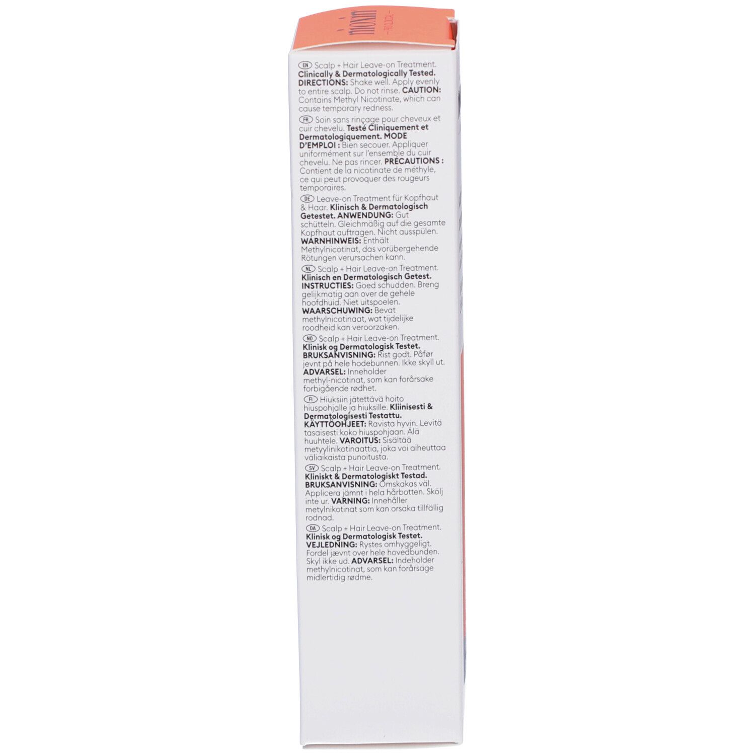 Côté de l'emballage avec texte. Contient des informations d'utilisation et des avertissements. Testé cliniquement et dermatologiquement.
