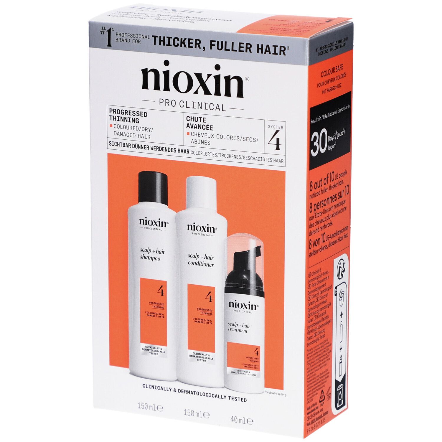 Kit Nioxin System 4. Shampoo, après-shampooing et traitement pour cheveux colorés clairsemés. Boîte avec visuel des produits.