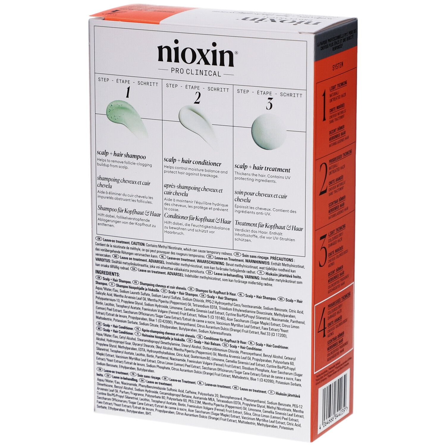 Kit Nioxin System 4. Dos de la boîte avec instructions d'utilisation en 3 étapes. Ingrédients et avertissements.