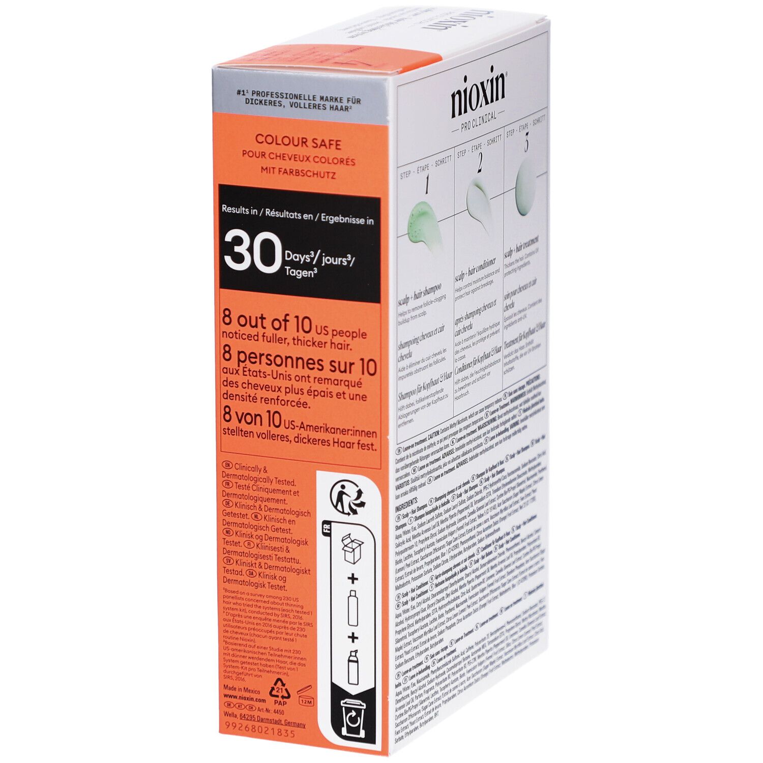 Kit Nioxin System 4. Boîte avec informations sur les résultats en 30 jours. Éléments orange et blancs.