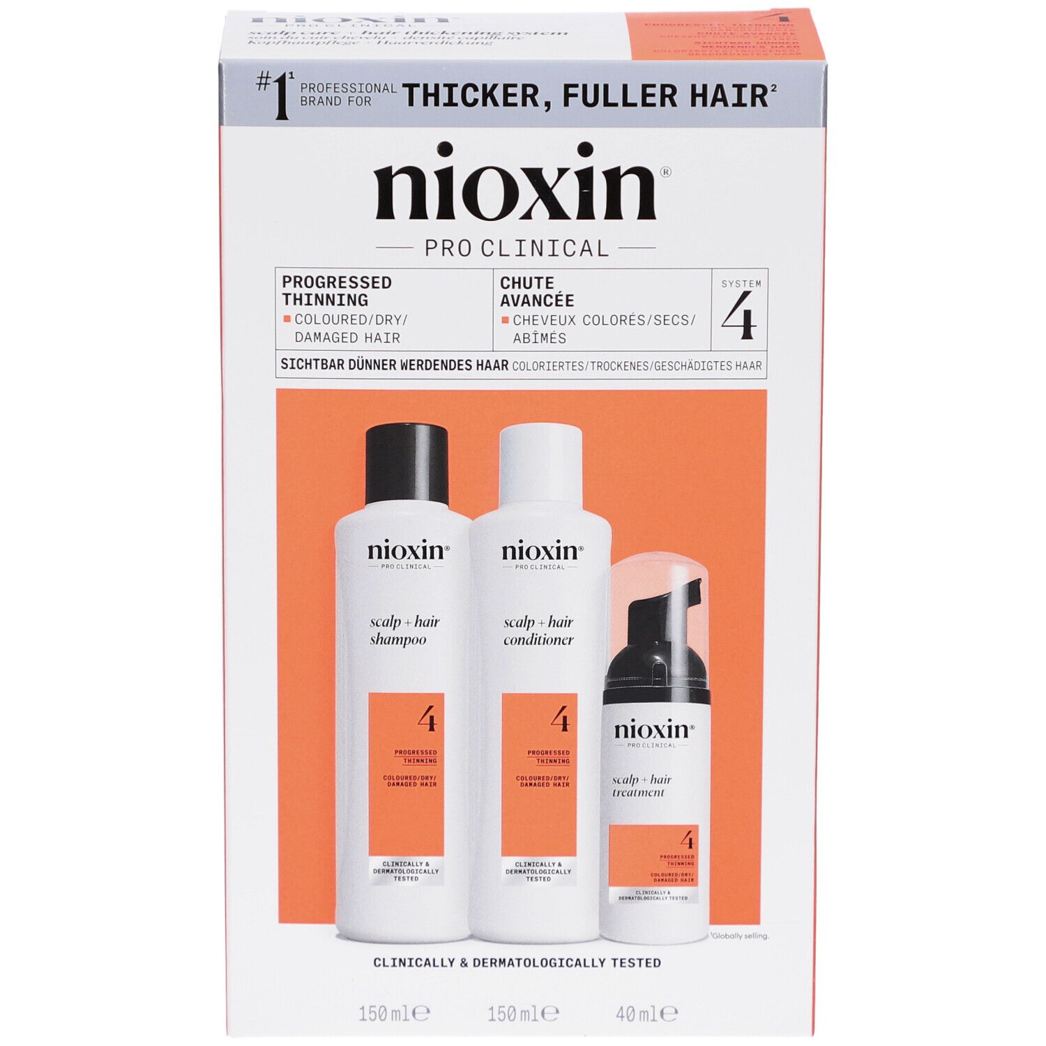 Kit Nioxin System 4. Contient shampooing, après-shampooing et traitement. Pour cheveux colorés clairsemés. Boîte.
