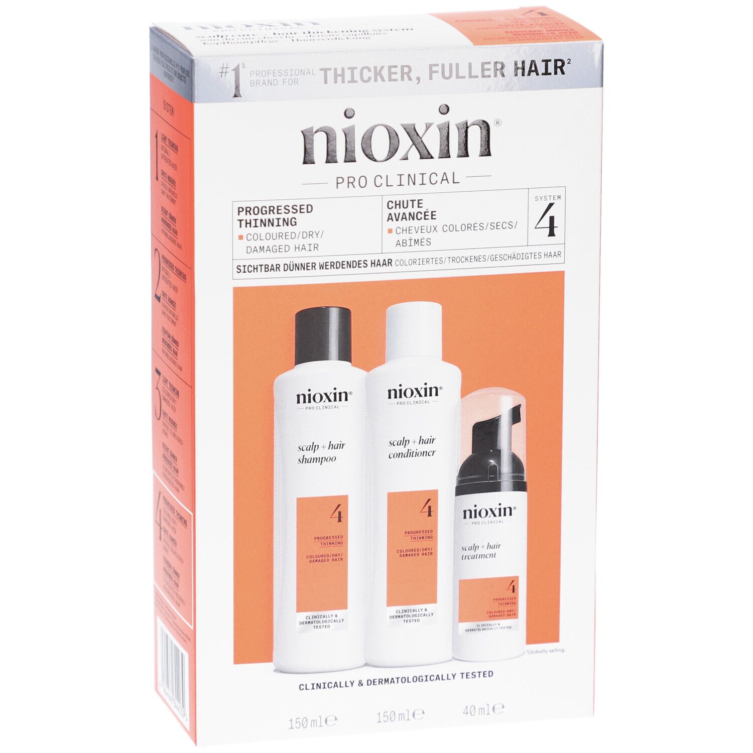 Kit Nioxin System 4. Contient shampooing, après-shampooing et traitement. Pour cheveux colorés clairsemés. Boîte.